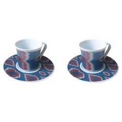 Set of 2 Ceramic Ikat Coffee Cup & Saucer - Red / Blue