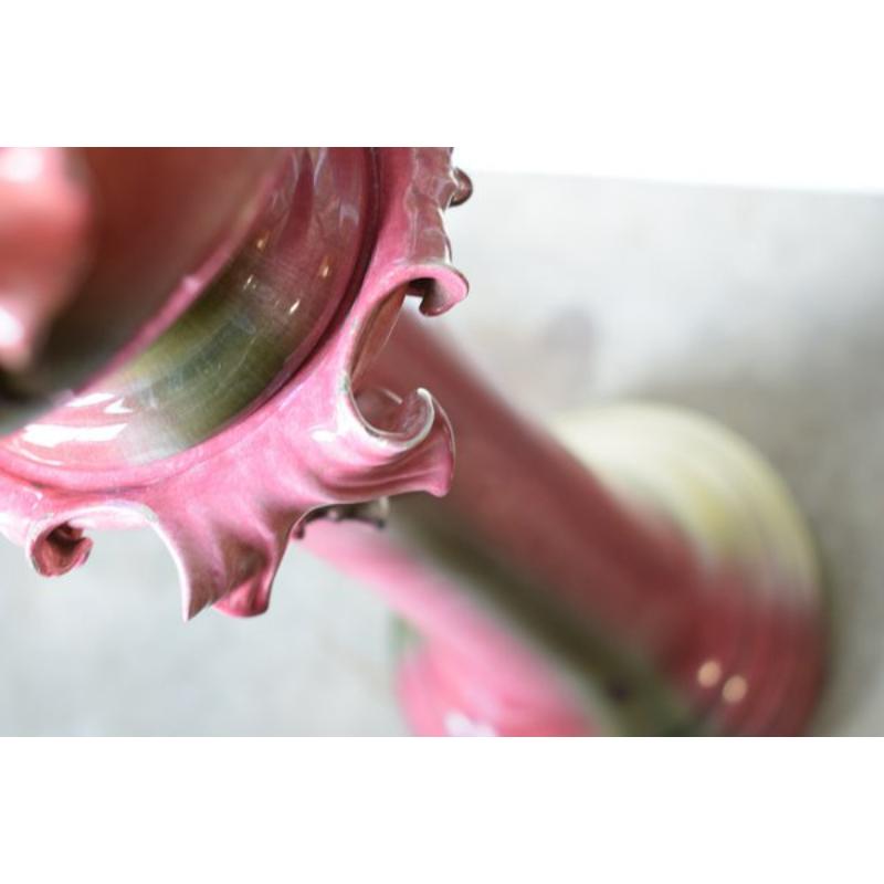 Set of 2 Ceramic Majolica Planter on Column, Vallauris, France
 
 Vintage Design
 MASSIER family - Ceramic Majolica Rose signed pot on column with acanthus leaves and dolphin - France Vallauris 1900
 
 Additional information:
 Materials: Ceramic
