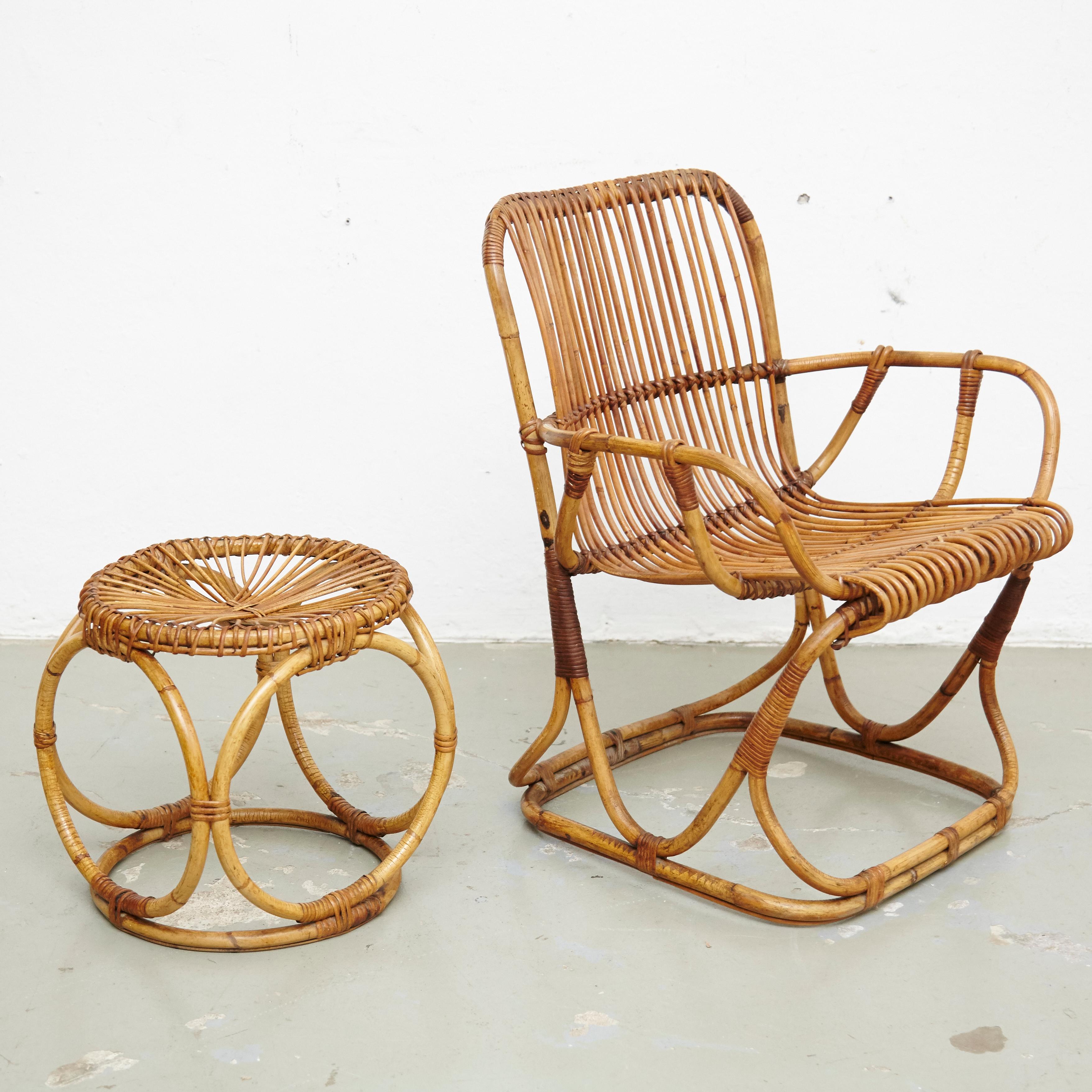 Italian Set of 2 Chairs and 2 Bamboo Stools, circa 1960