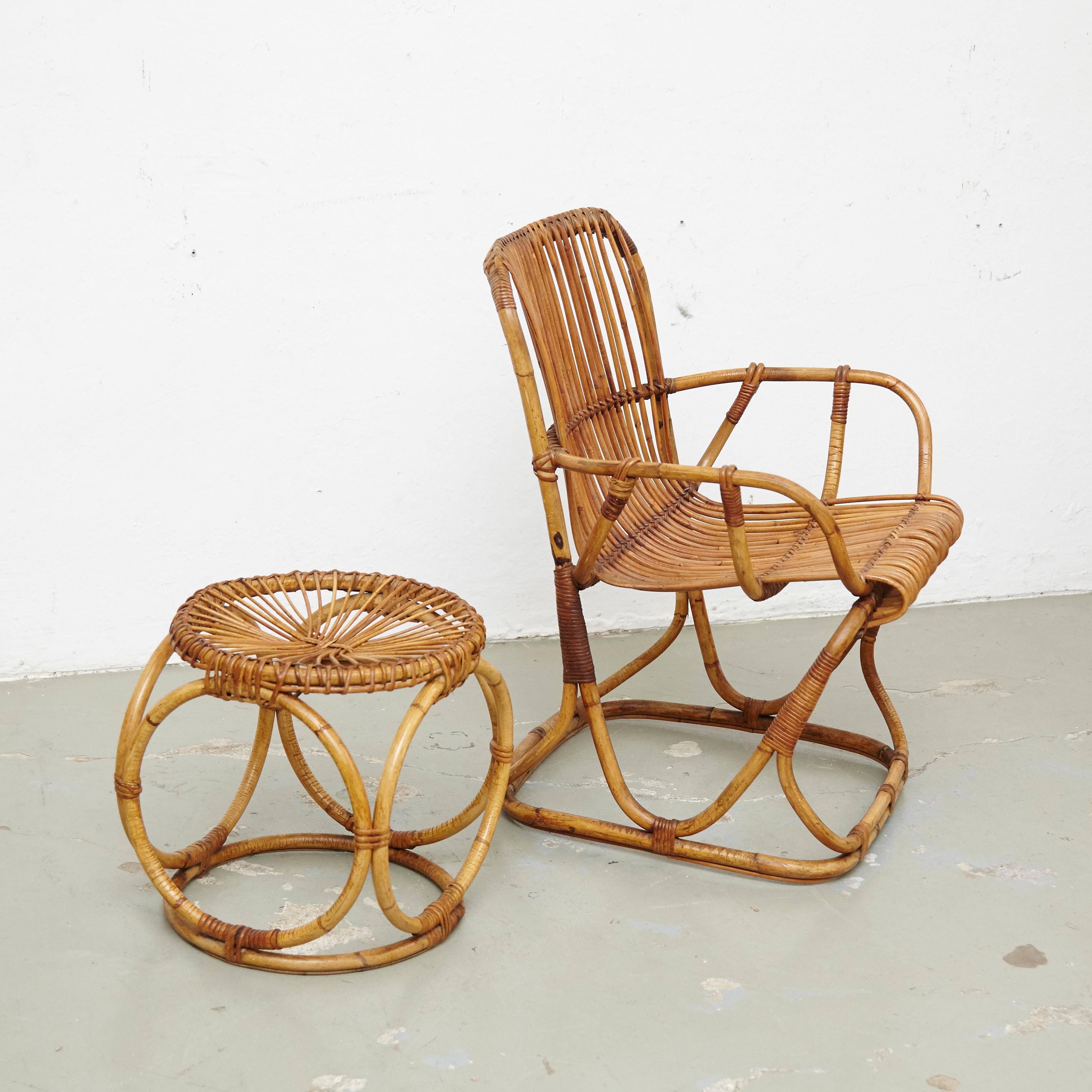 Set of 2 Chairs and 2 Bamboo Stools, circa 1960 In Good Condition In Barcelona, Barcelona