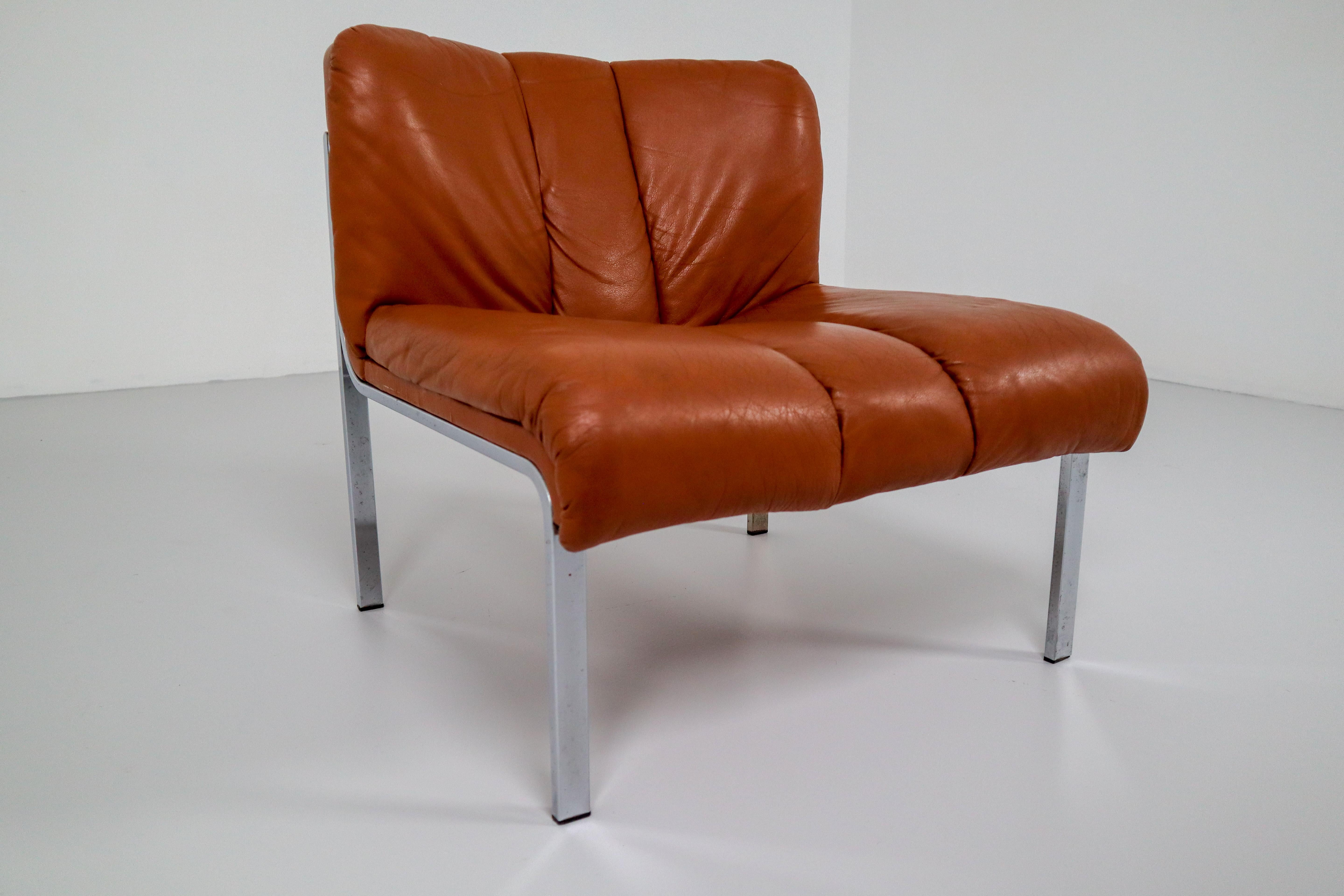 Swiss Set of Three Chairs, Sofa in Cognac Leather by Girsberger, Switzerland, 1970s