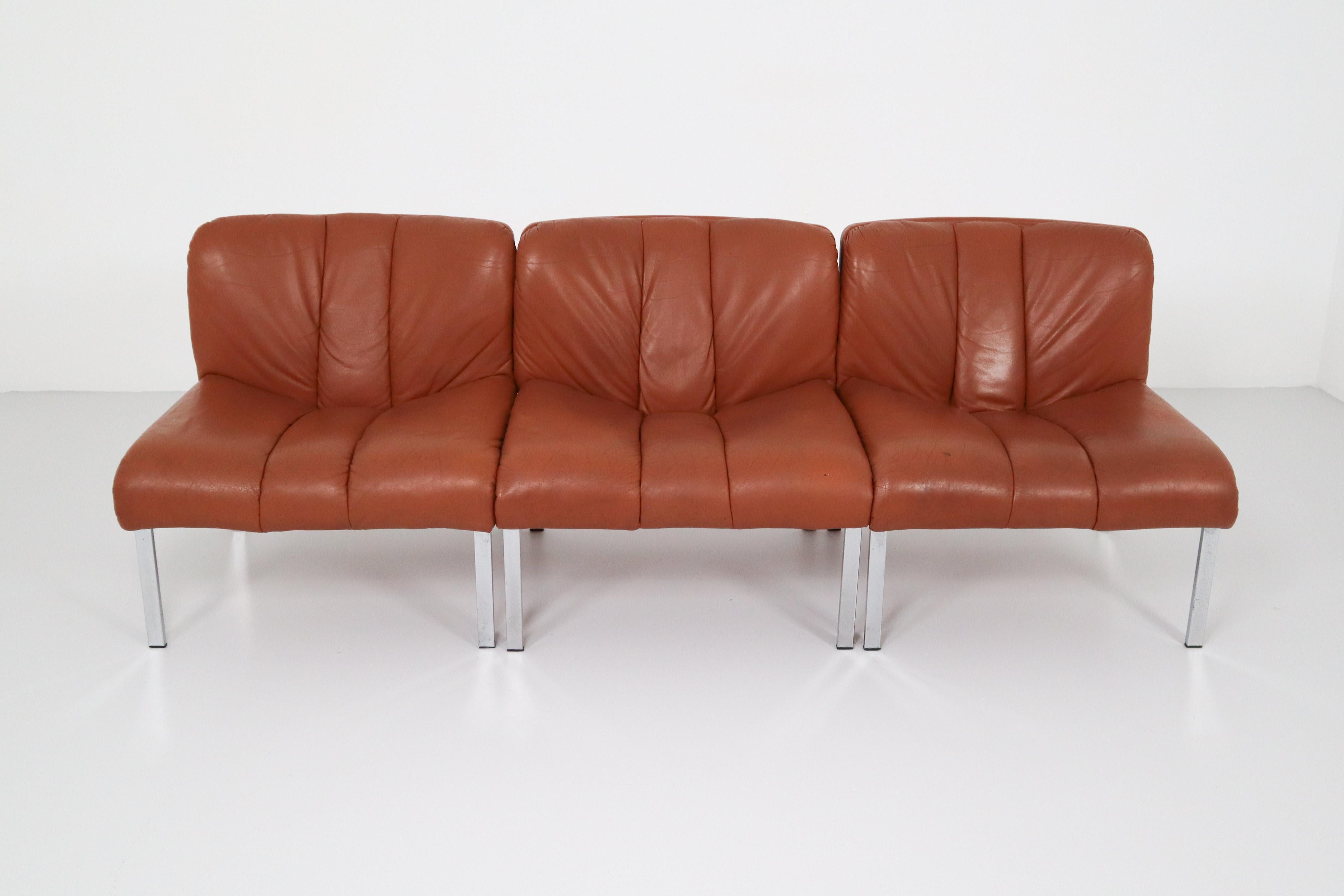 20th Century Set of Three Chairs, Sofa in Cognac Leather by Girsberger, Switzerland, 1970s