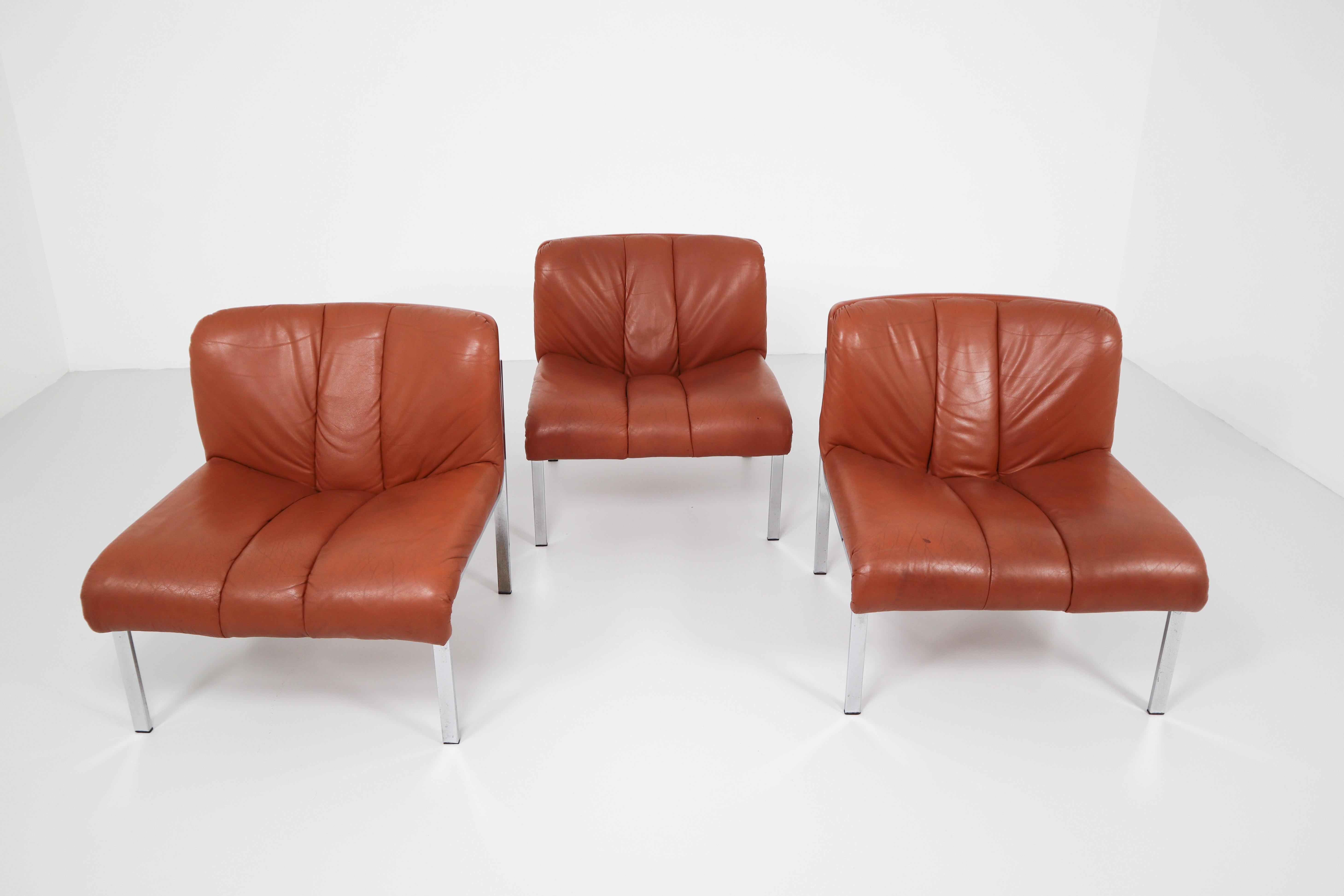 Set of Three Chairs, Sofa in Cognac Leather by Girsberger, Switzerland, 1970s 2