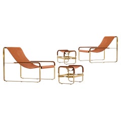 Pair Contemporary Chaise Longue & Footstool Aged Brass Metal & Natural Leather