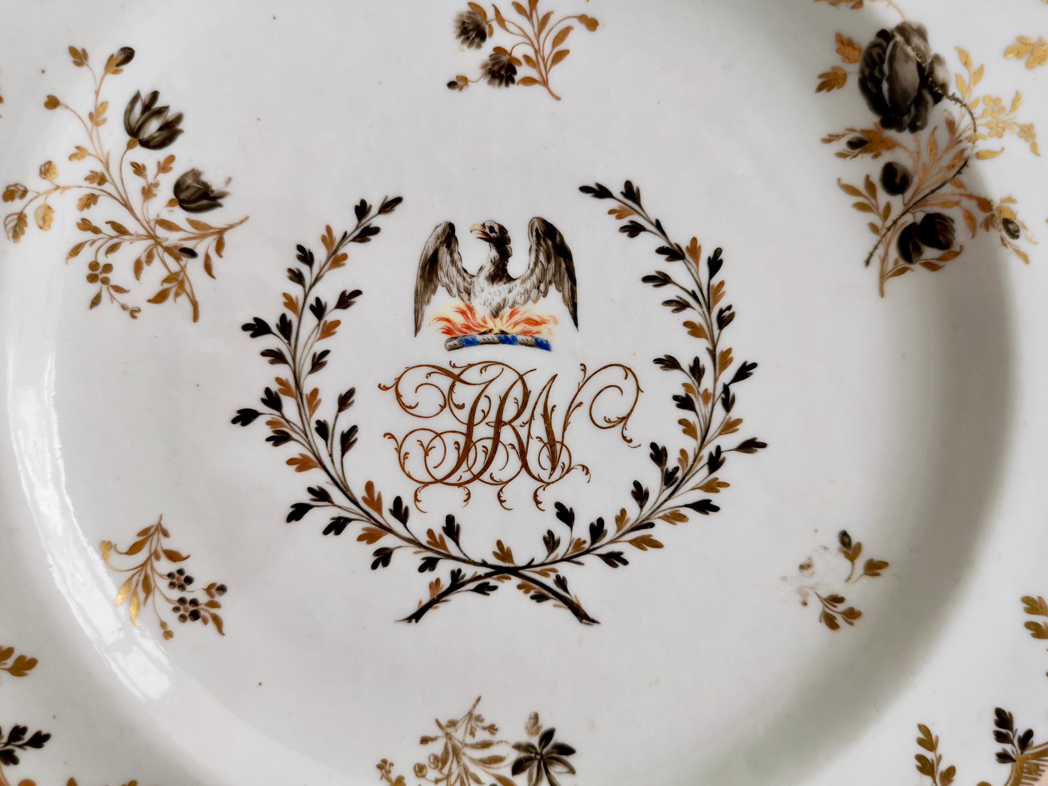 This is a wonderful set of two dessert plates made by Chamberlain Worcester between 1794 and 1811. 

The Chamberlain factory was founded in the 1780s by Robert Chamberlain, who was responsible for the decoration department in the famous Worcester