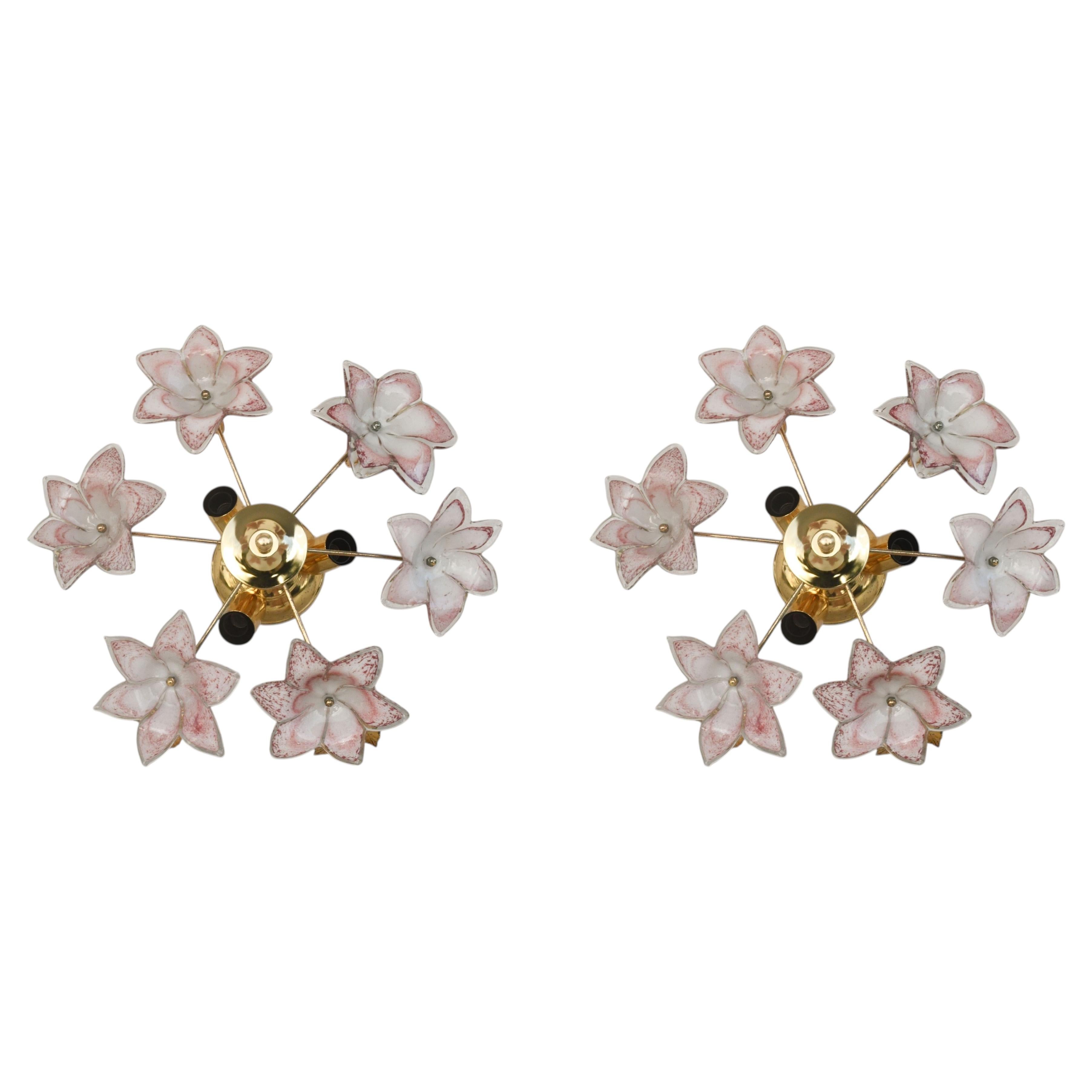 Set of 2 Charming Murano Vintage Ceiling Light Pink Flowers, 1970s For Sale