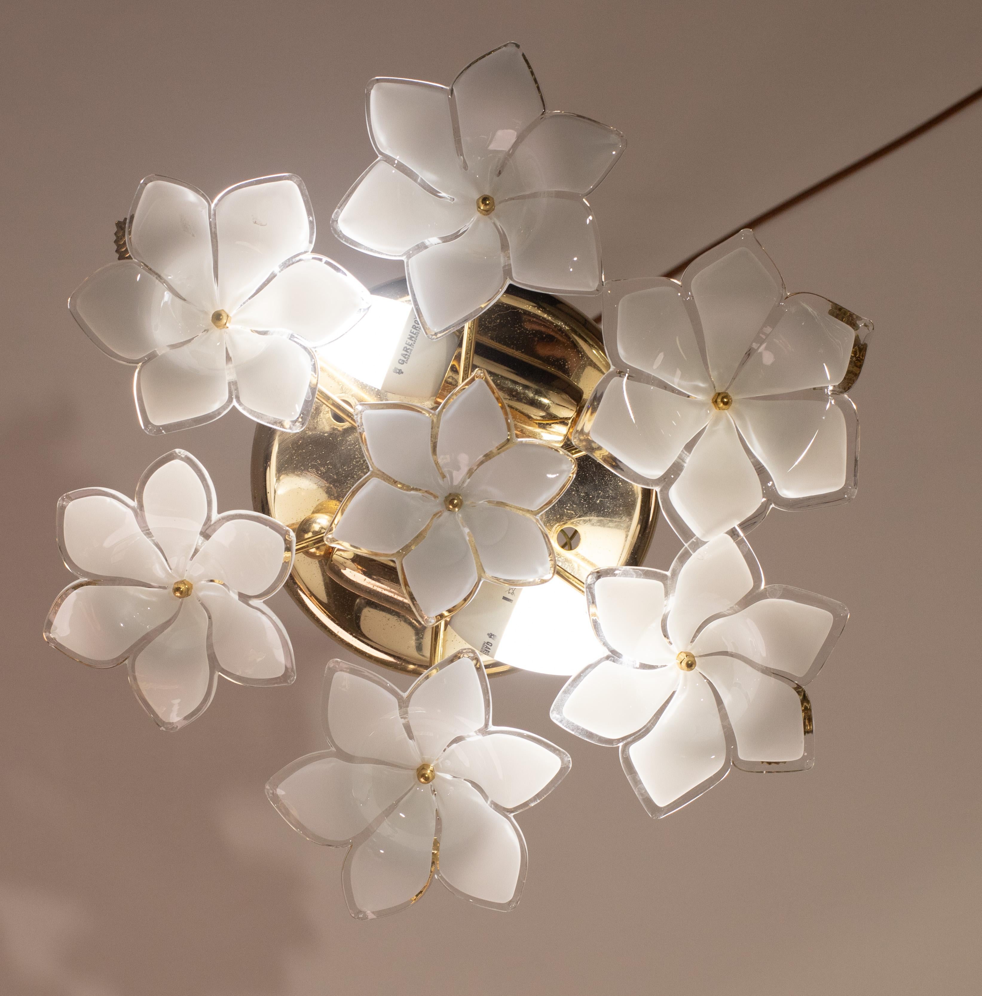 European Set of 2 Charming Murano Vintage Ceiling Light White Flowers, 1970s