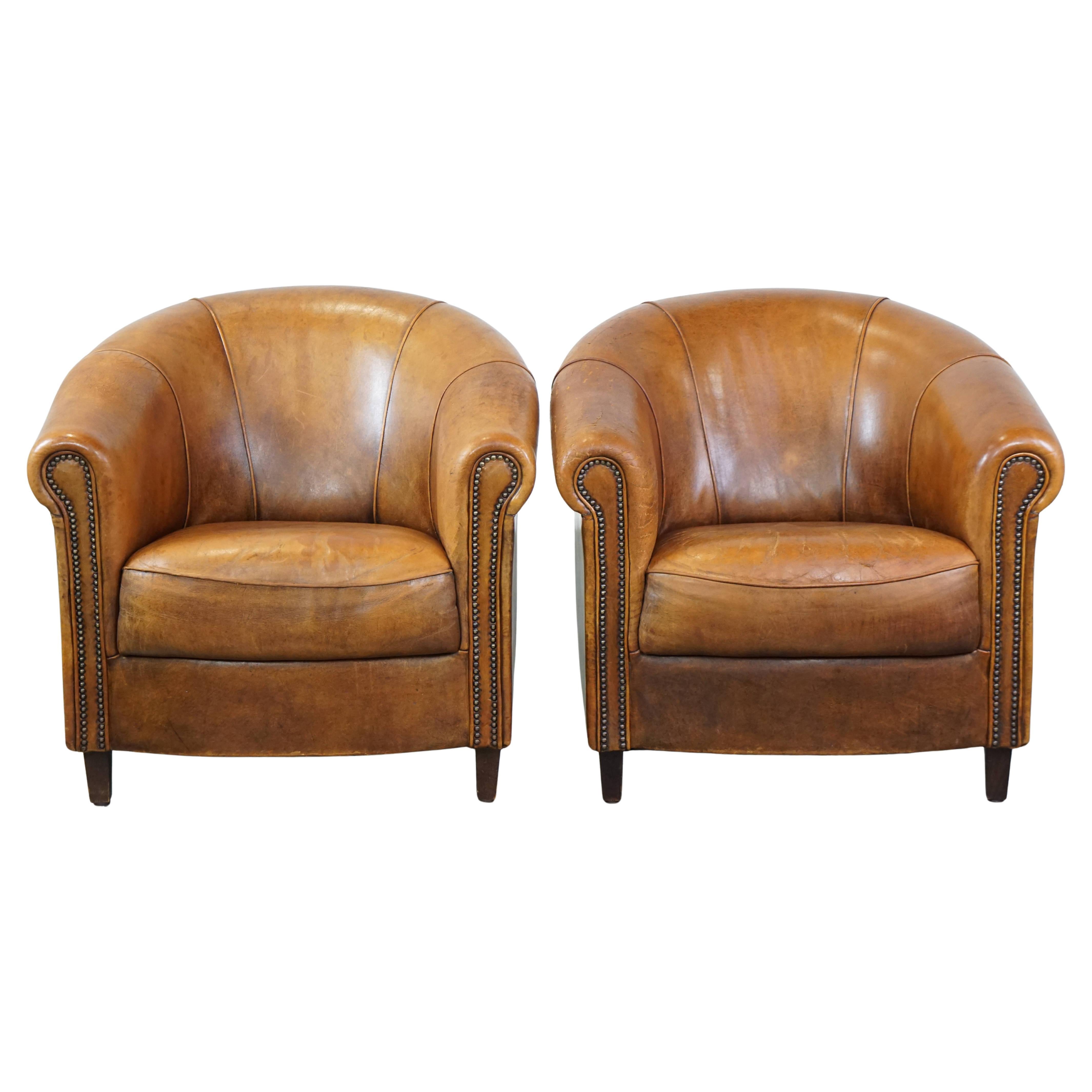 Set of 2 charming, sturdy, and comfortable sheepskin leather club armchairs