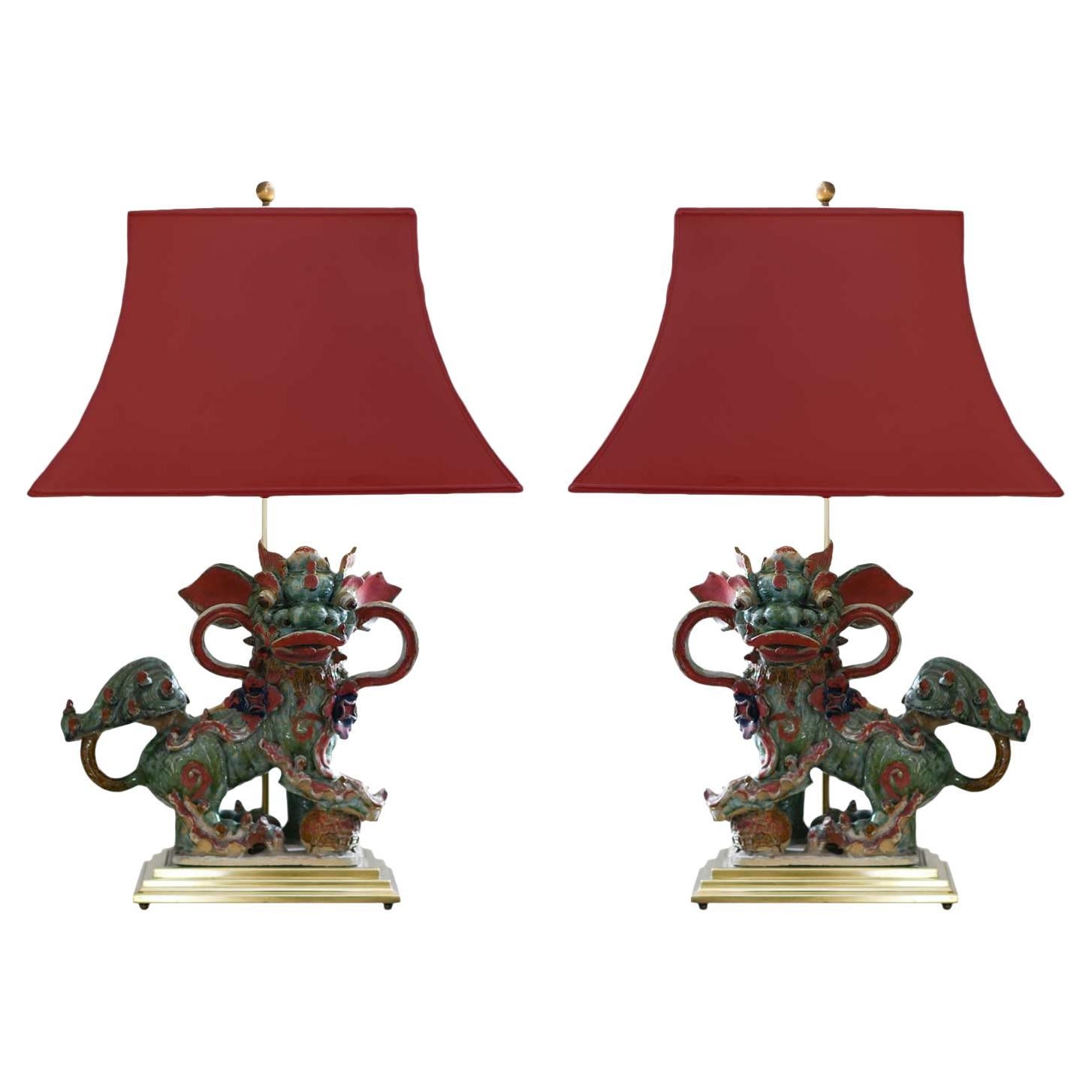 Set of 2 Chinese Glazed Stoneware Buddhist Lions Lamp on brass base
