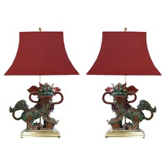 Vintage Set of 2 Chinese Glazed Stoneware Buddhist Lions Lamp on brass base