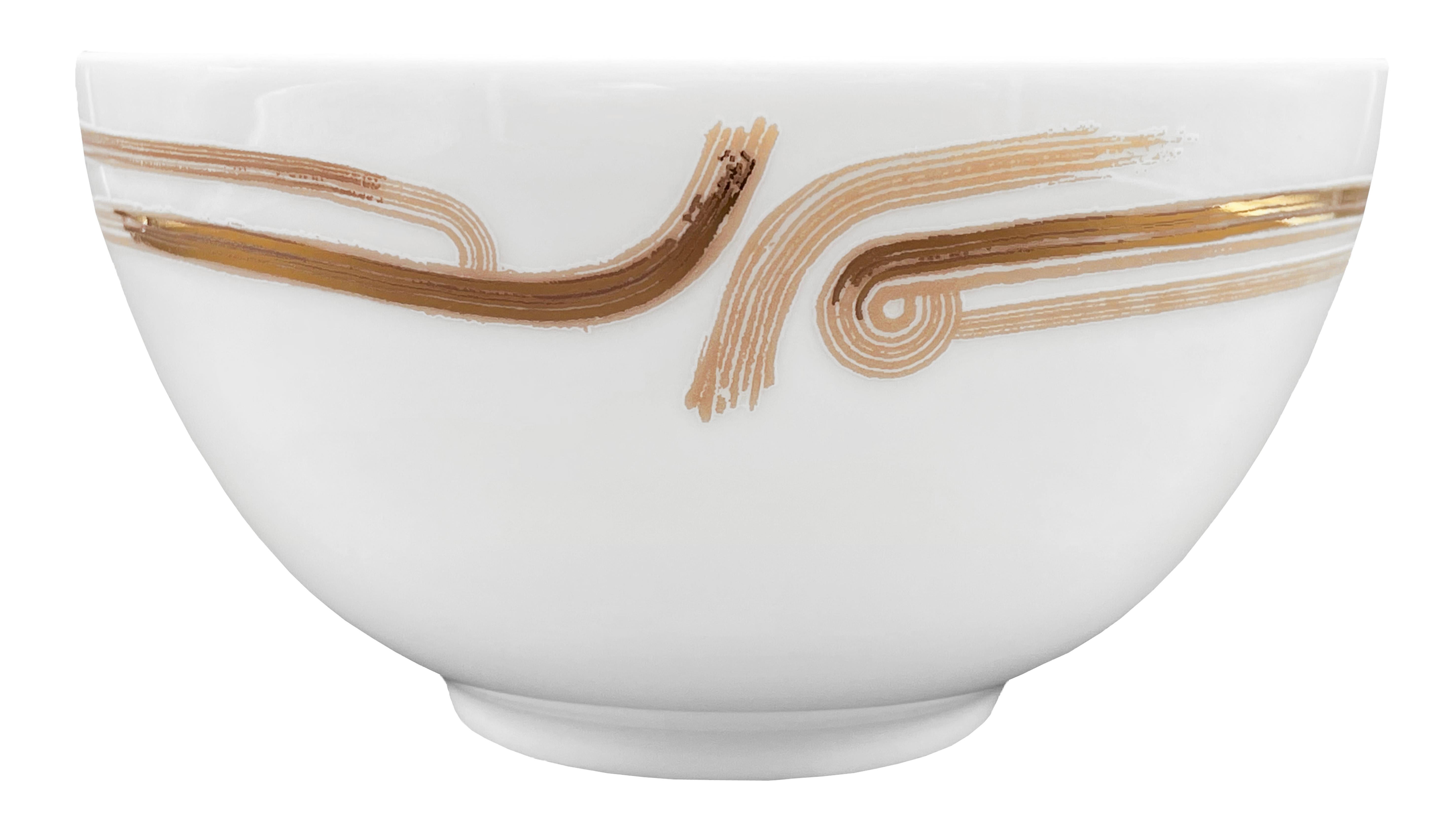 Description: Chinese soup bowl (2 pieces)
Color: Beige gold
Size: 12 Ø x 6 H cm
Material: Porcelain and gold
Collection: Art Déco Garden

Larger quantities available upon request, with 8 weeks production time.