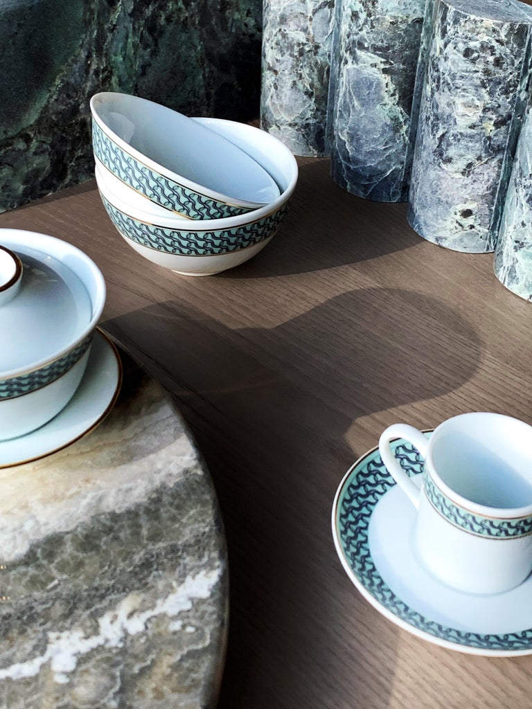 Larger quantities available upon request, with 8 weeks production time.

Description: Chinese tea cup gaiwan Set (2 pieces)
Color: Sage green
Size: 11 Ø x 10 H cm, 225 ml
Material: Porcelain and gold
Collection: Mid Century Rhythm