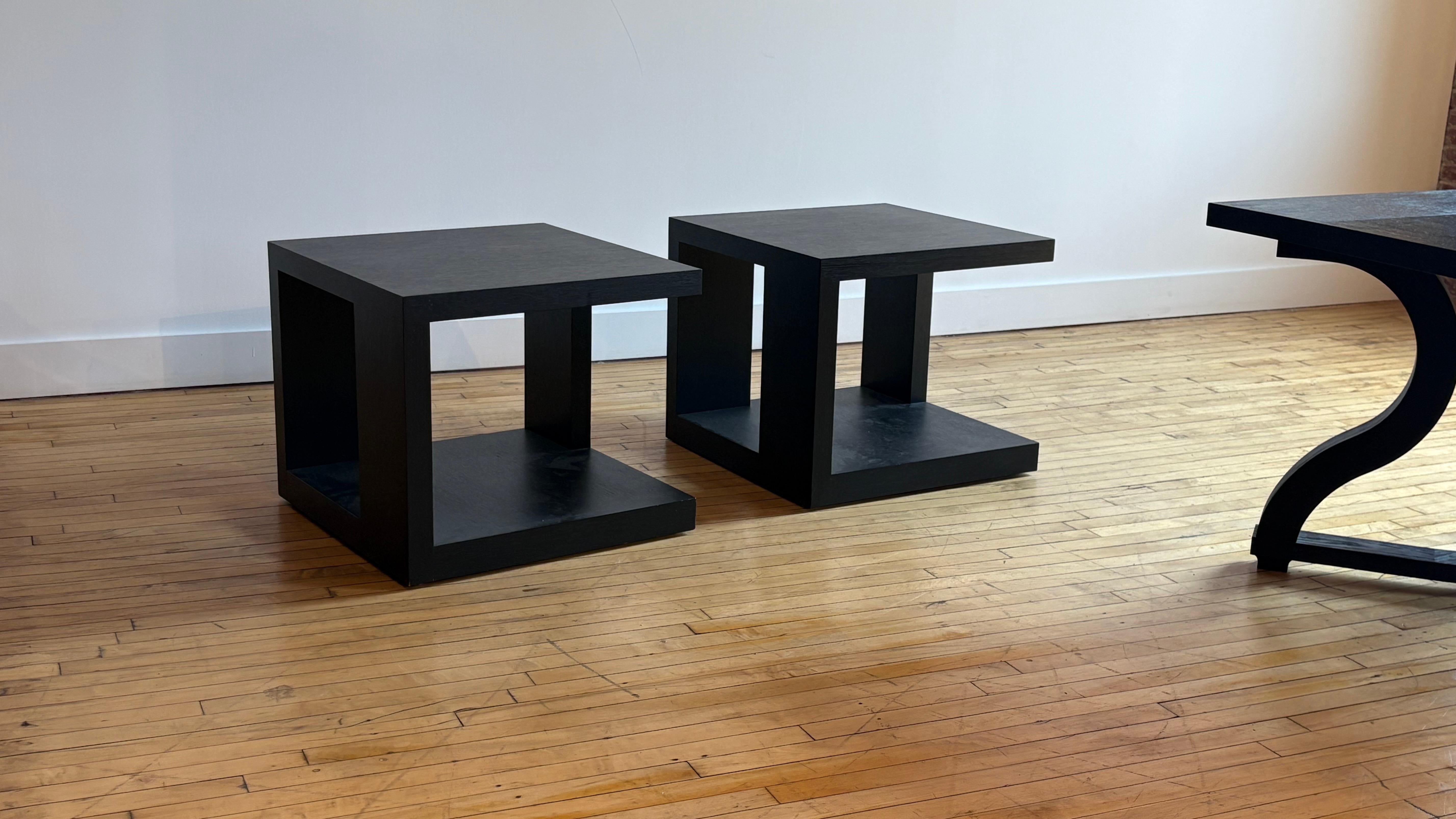 We are pleased to present a beautiful pair of Christian Liaigre Pacha black stained oak Geometric Side Tables. 

Purchased from Liaigre NYC showroom in 2012. 

The original retail price for each table was over $10,000. 

They are in very good
