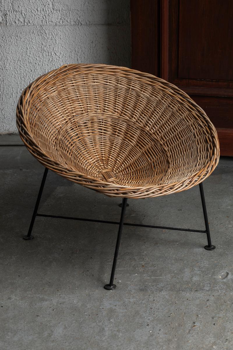 French Provincial Circular Rattan Basket Lounge Chairs, Set of 2, France, 1960s