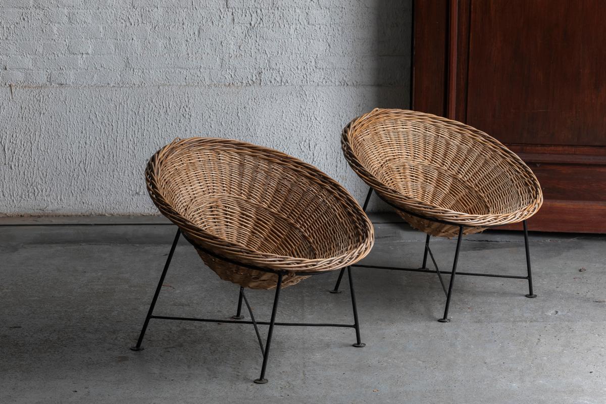 Mid-20th Century Circular Rattan Basket Lounge Chairs, Set of 2, France, 1960s