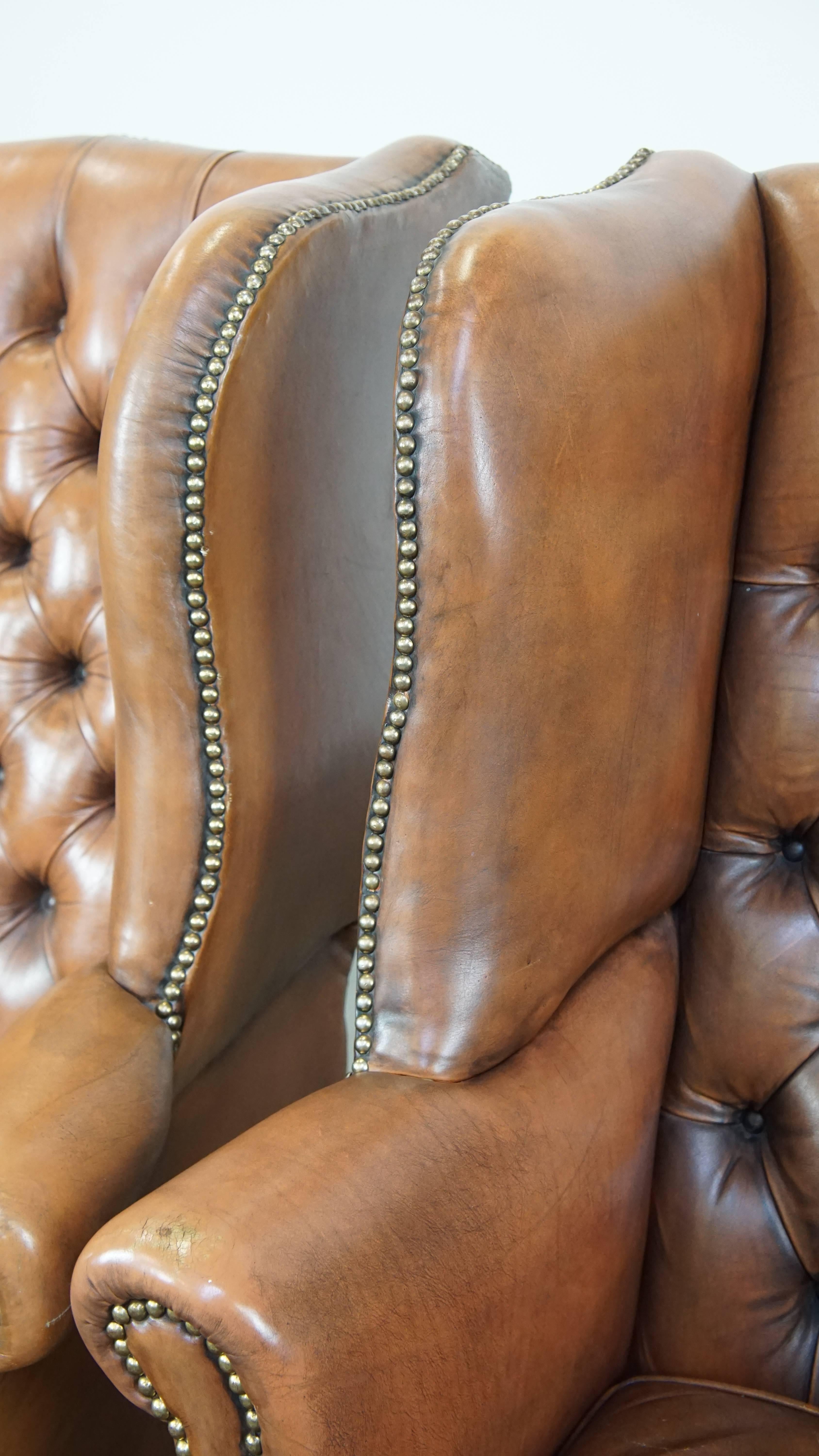 Set of 2 Classic Vintage Genuine Leather English Chesterfield Wingback Armchairs For Sale 10