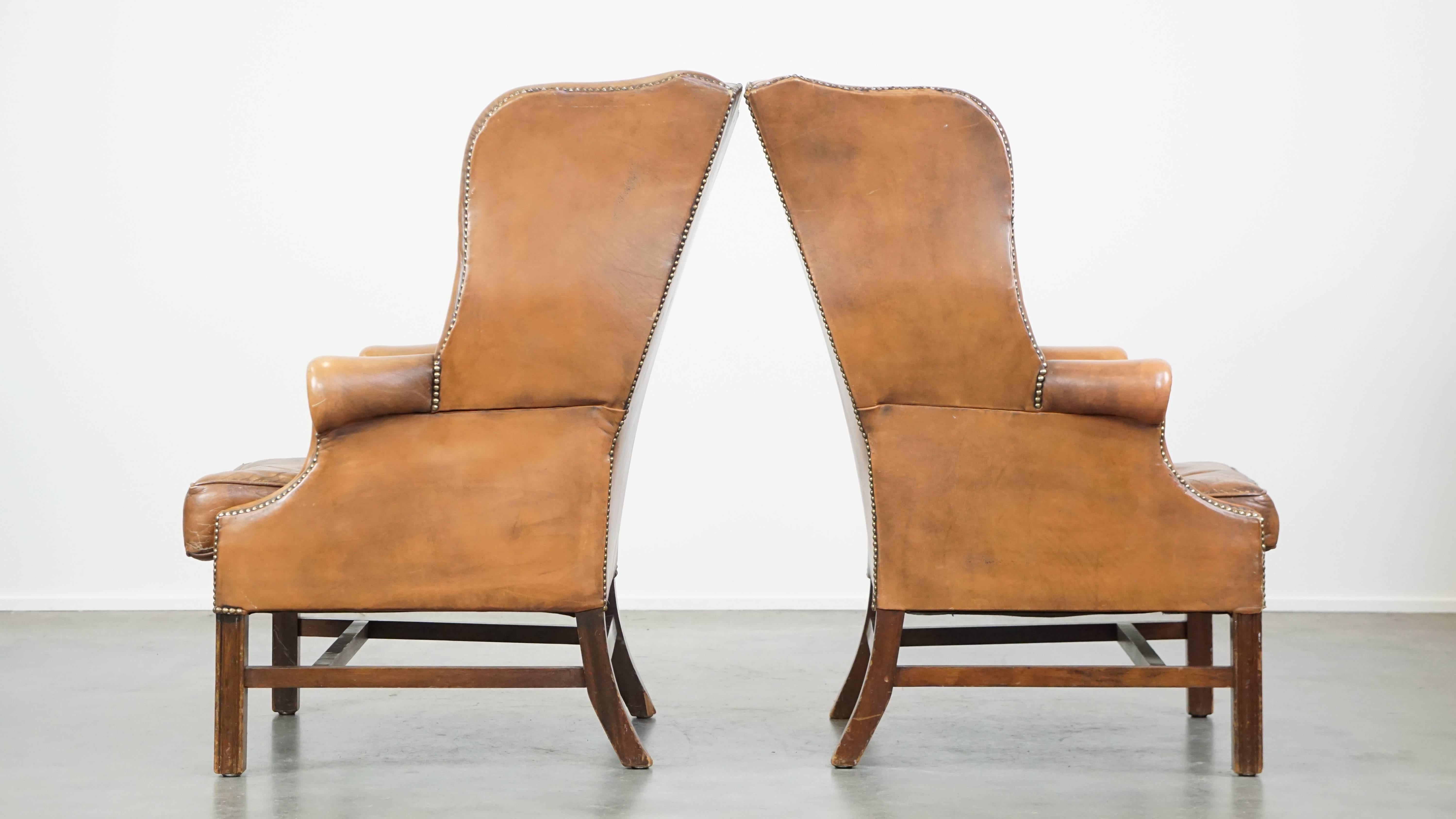 British Set of 2 Classic Vintage Genuine Leather English Chesterfield Wingback Armchairs For Sale