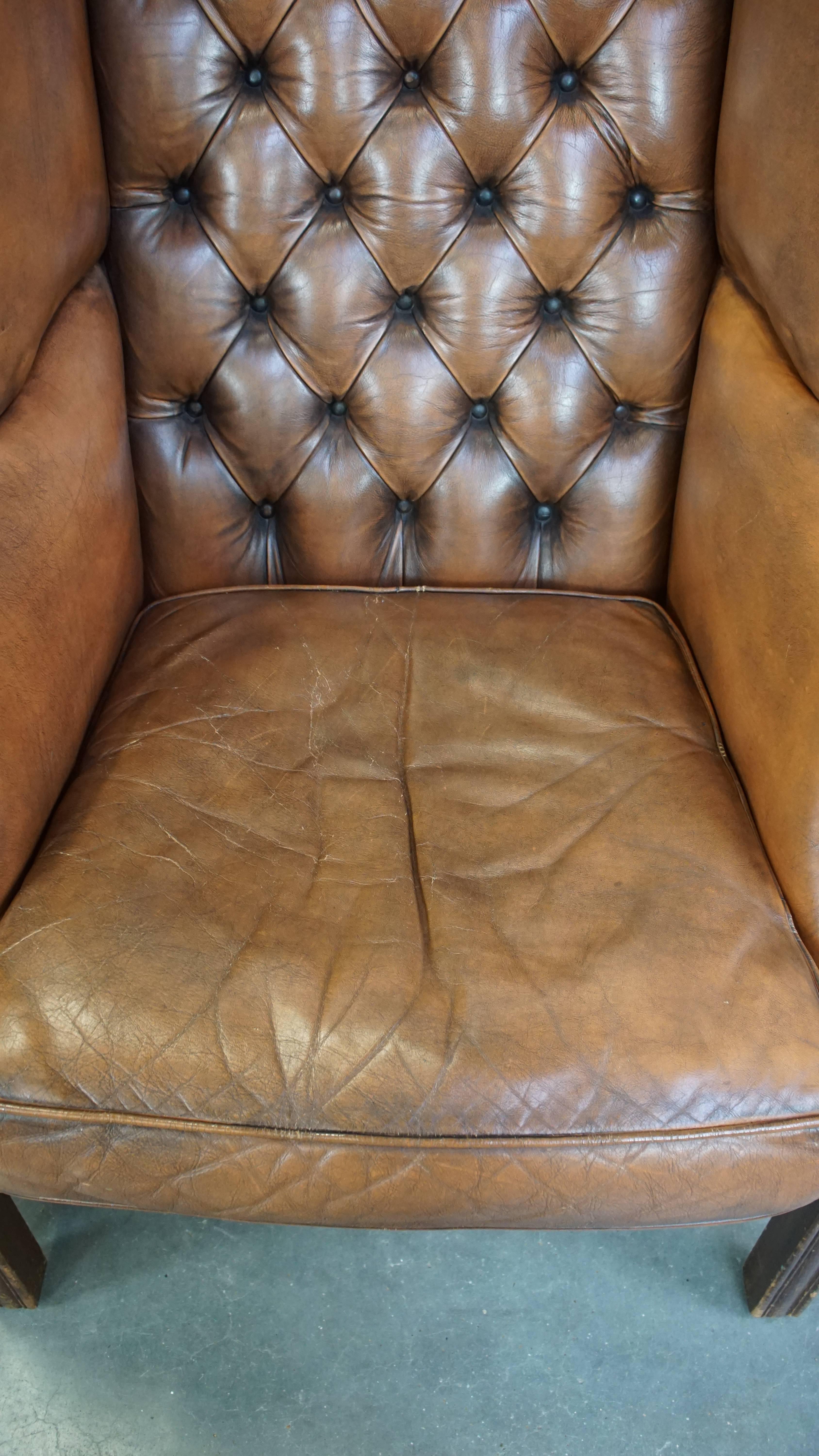 Contemporary Set of 2 Classic Vintage Genuine Leather English Chesterfield Wingback Armchairs For Sale