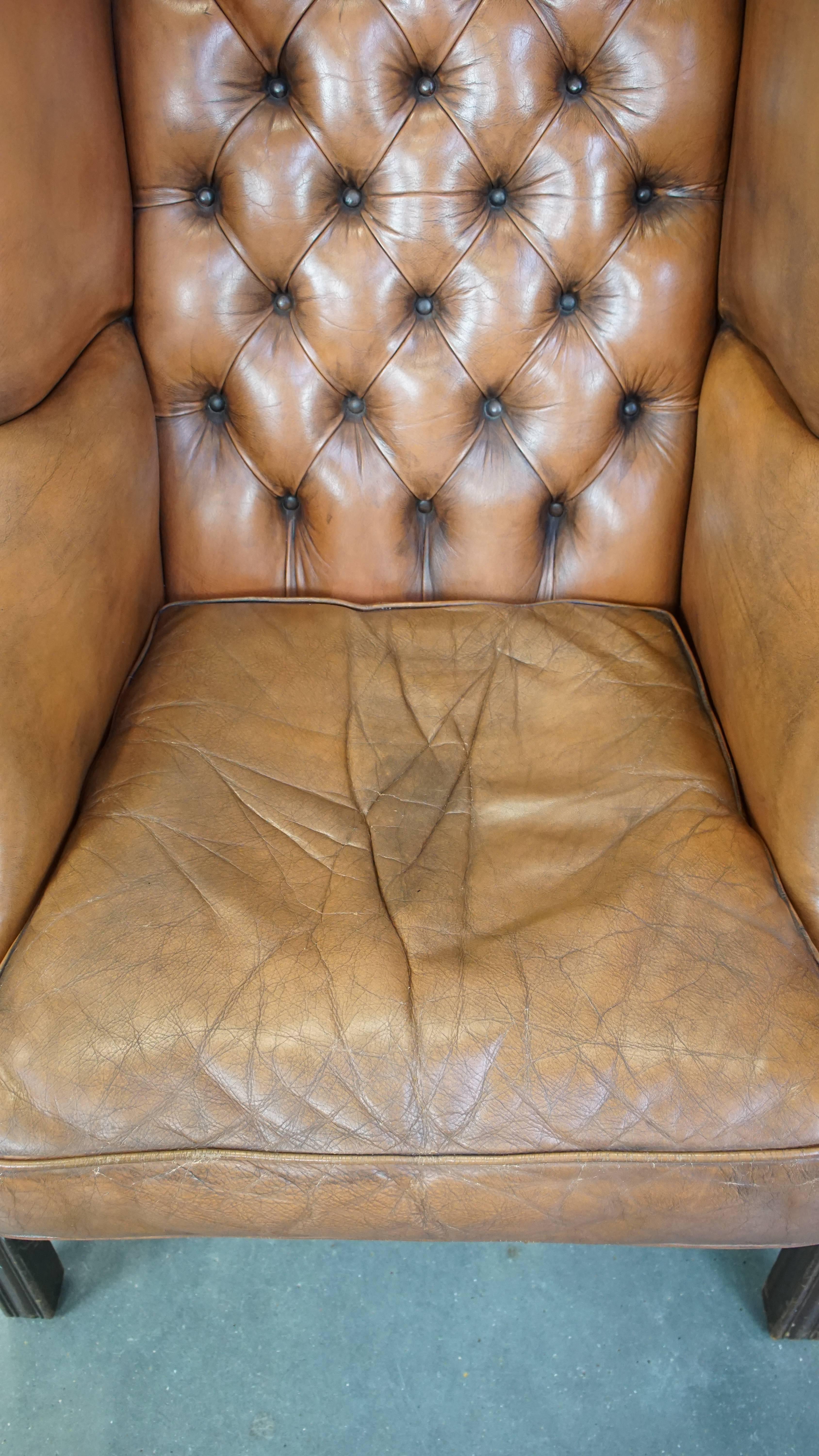 Cowhide Set of 2 Classic Vintage Genuine Leather English Chesterfield Wingback Armchairs For Sale