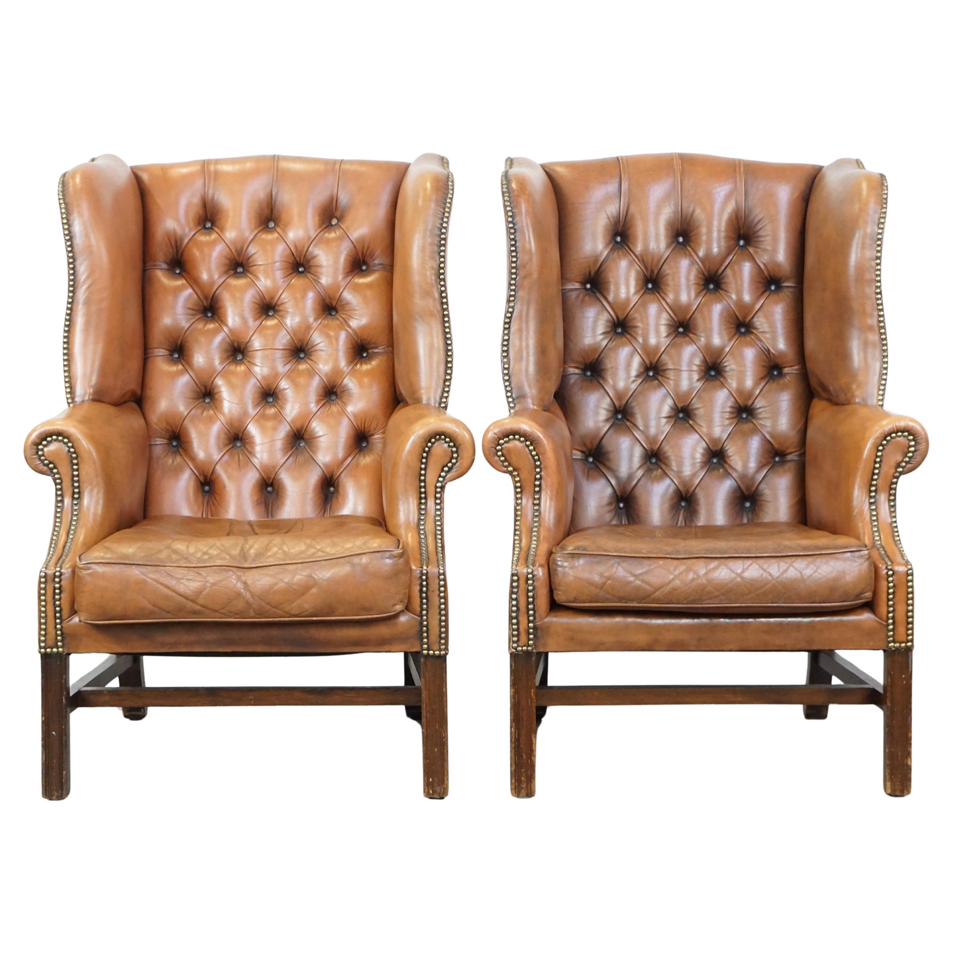Set of 2 Classic Vintage Genuine Leather English Chesterfield Wingback Armchairs