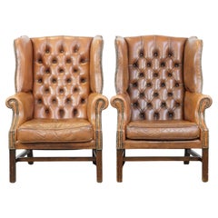Set of 2 Classic Vintage Genuine Leather English Chesterfield Wingback Armchairs