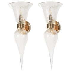 Set of 2 Clear Murano Glass Wall Lamps gold plated Frame Made in Italy, in stock