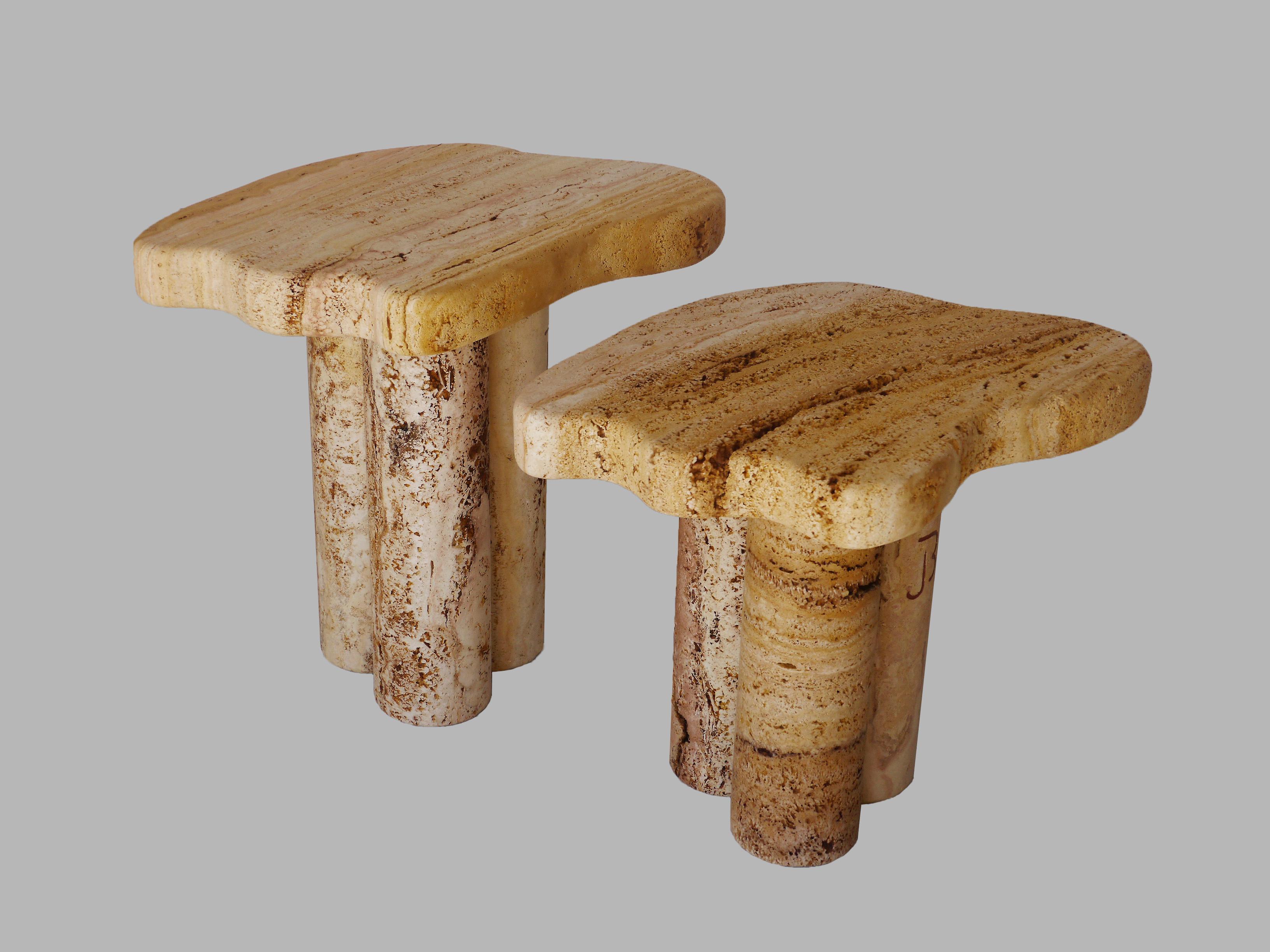 Set of 2 Clouds side tables by Jean-Fréderic Bourdier
Dimensions: D 27 x W 46 x H 45 cm
Materials: Travertine.
Also available in other height: 40cm.

Mostly guided by his sculptor skills JFB and his life time strong attraction for nature, has