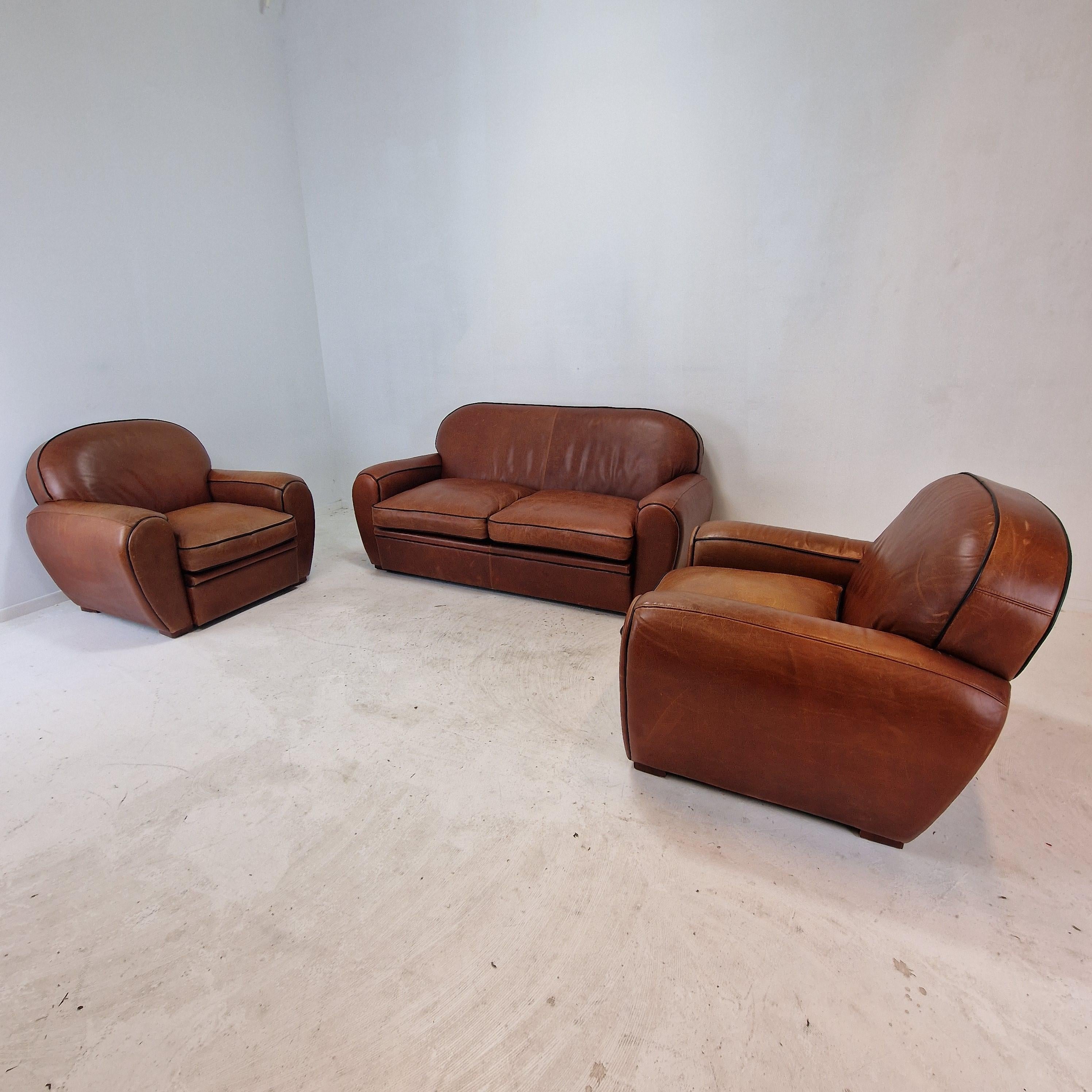 Art Déco Set di 2 poltrone e 1 divano in pelle di Jan Frantzen, Paesi Bassi in vendita