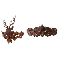 Set of 2 Coat racks Black Forest Stag & Cow / Bull with Horns  