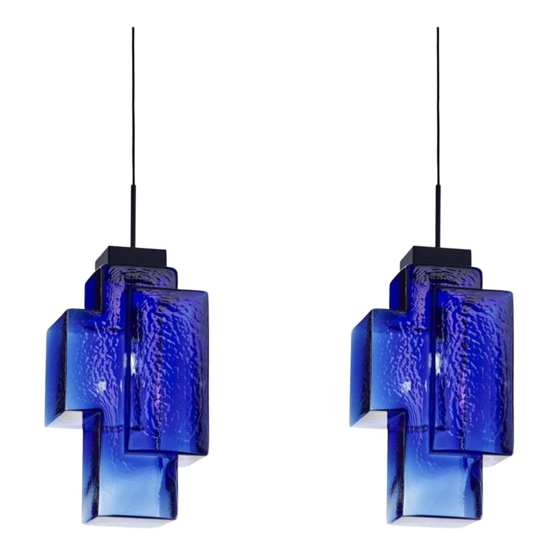 Set of 2 Cobalt Blue Tetris Pendant Light by Dechem Studio For Sale