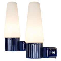 Set of 2 Cobalt Ceramic Opaline Glass Wall Lights, Sweden 1960