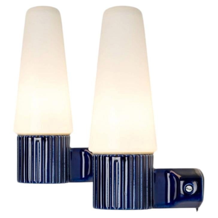 Set of 2 Cobalt Ceramic Opaline Glass Wall Lights, Sweden 1960 For Sale