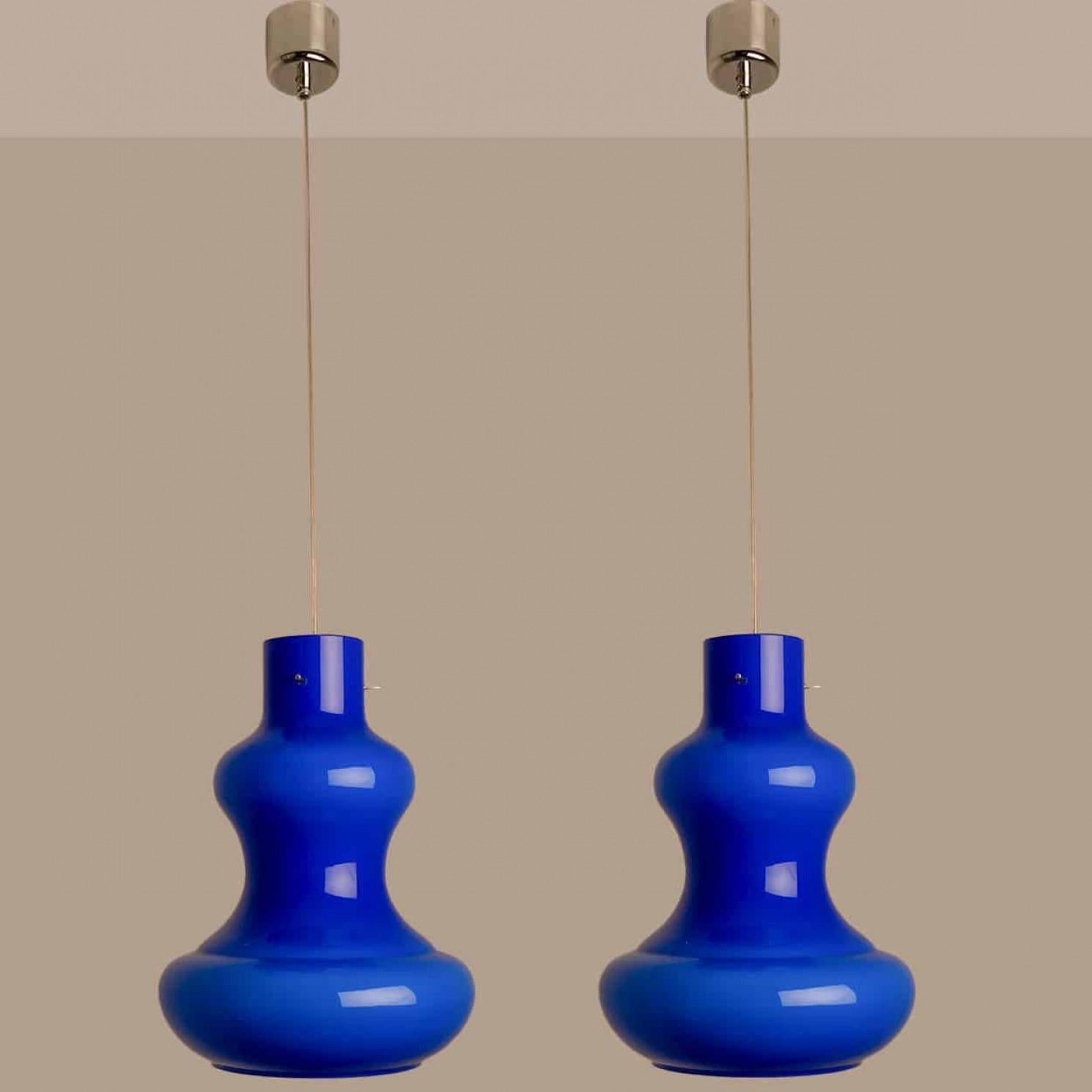 Modern Set of 2 Cobalt Murano Glass Pendant Lights by Massimo Vignelli for Venini, 1960 For Sale