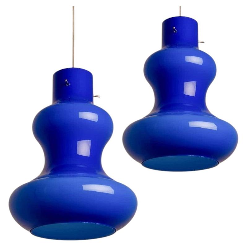 Set di 2 luci a sospensione in vetro di Murano color cobalto di Massimo Vignelli per Venini, 1960