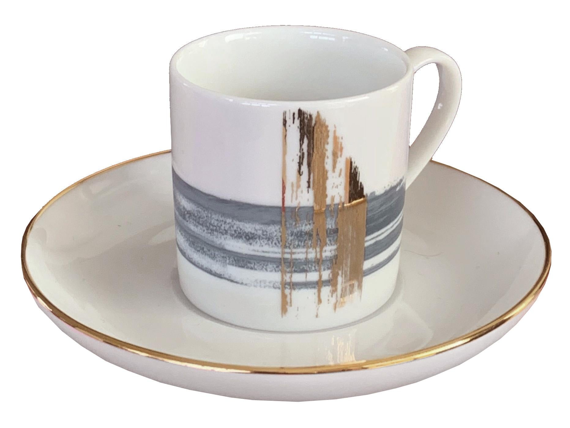 Modern Set of 2 Coffee Cup with Saucer Artisan Brush André Fu Living Tableware New For Sale