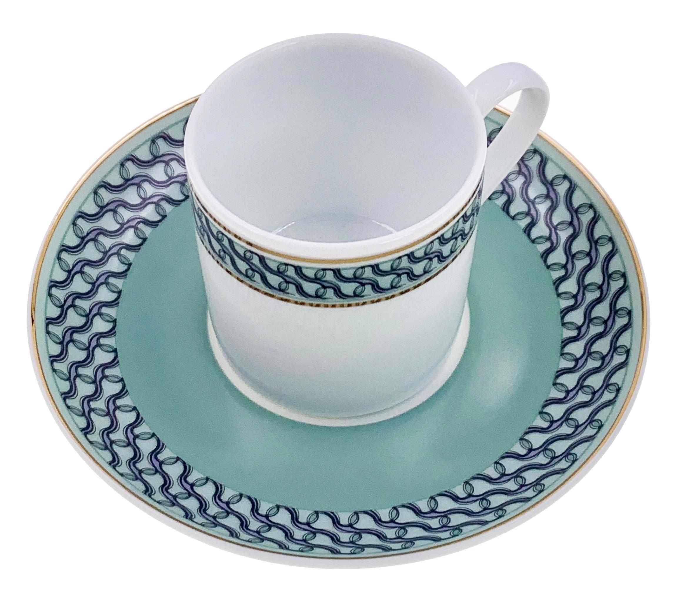 Larger quantities available upon request, with 8 weeks production time.

Description: Set of 2 coffee cup with saucer (2 pieces)
Color: Sage green
Size: 5.5Ø x 5.5H cm, 80 ml
Material: Porcelain and gold
Collection: Mid Century Rhythm