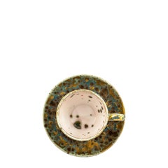 Contemporary Set of 2 Coffee Cups and Saucer Gold Hand Painted Porcelain