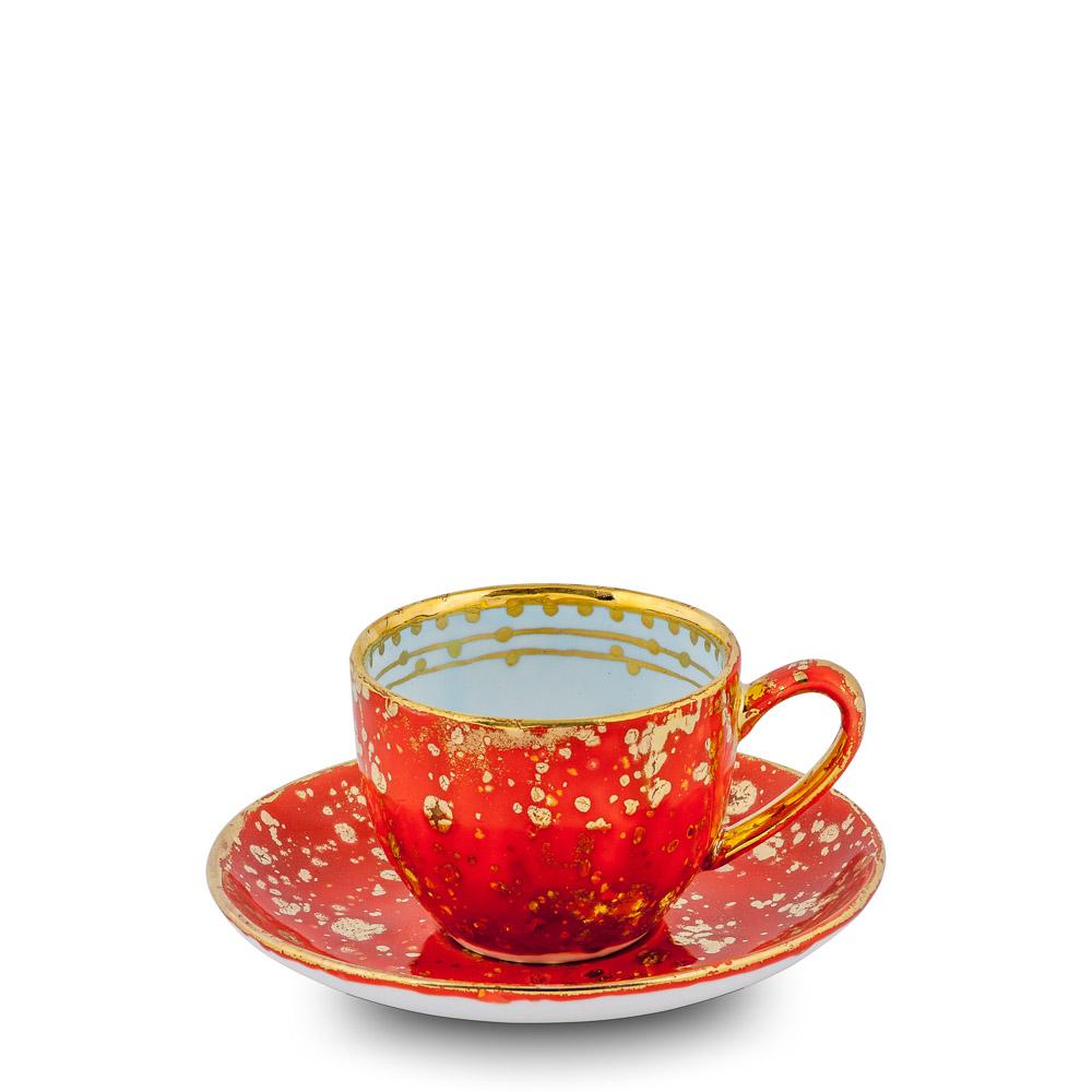 Zeitgenössisches Set aus 2 Kaffeetassen und Untertasse aus handbemaltem Porzellan in Gold (Moderne) im Angebot