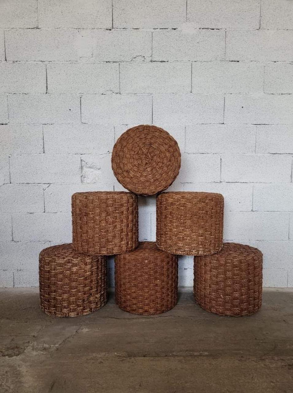 Set of 2 coffee tables rattan and rope and 6 rope poufs in the style of Audoux Minet 1970
Table dimension : H 50 x W 110 x D 110
Pouf dimensions : H 34 x W 41 x D 41.