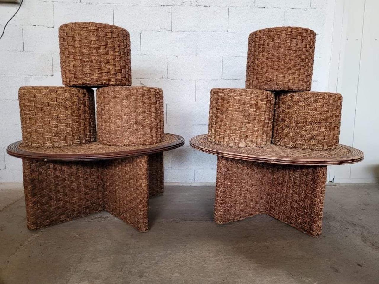 French Set of 2 Coffee Tables and 6 Rope Poufs in the Style of Audoux Minet, 1970 For Sale