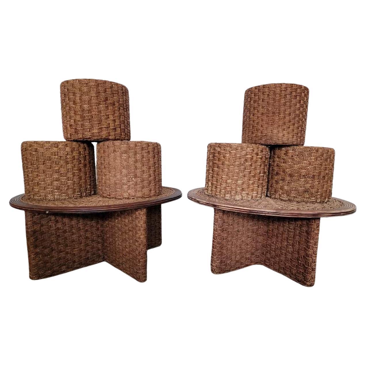 Set of 2 Coffee Tables and 6 Rope Poufs in the Style of Audoux Minet, 1970