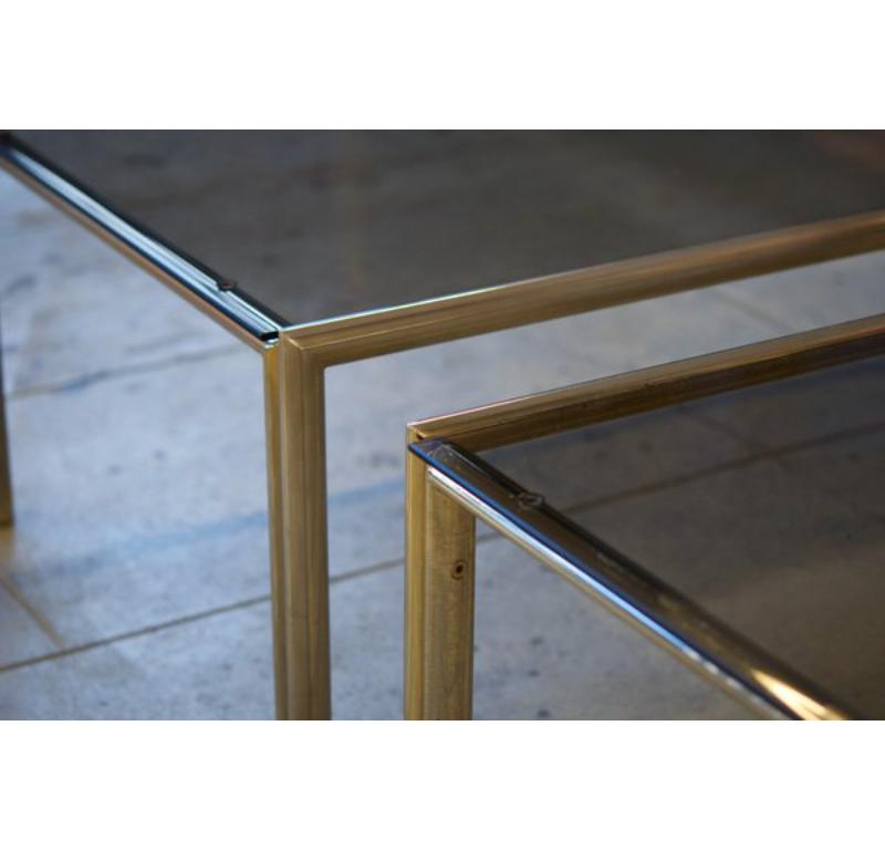 Set of 2 Coffee Tables in Aluminum, Brass & Glass, 1970s For Sale 6