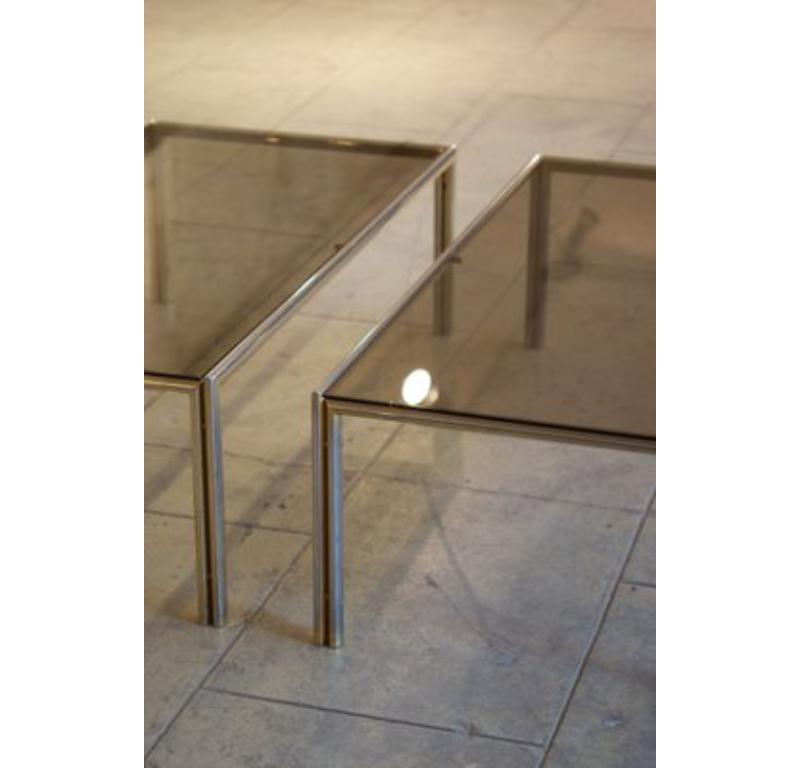 Set of 2 Coffee Tables in Aluminum, Brass & Glass, 1970s For Sale 10
