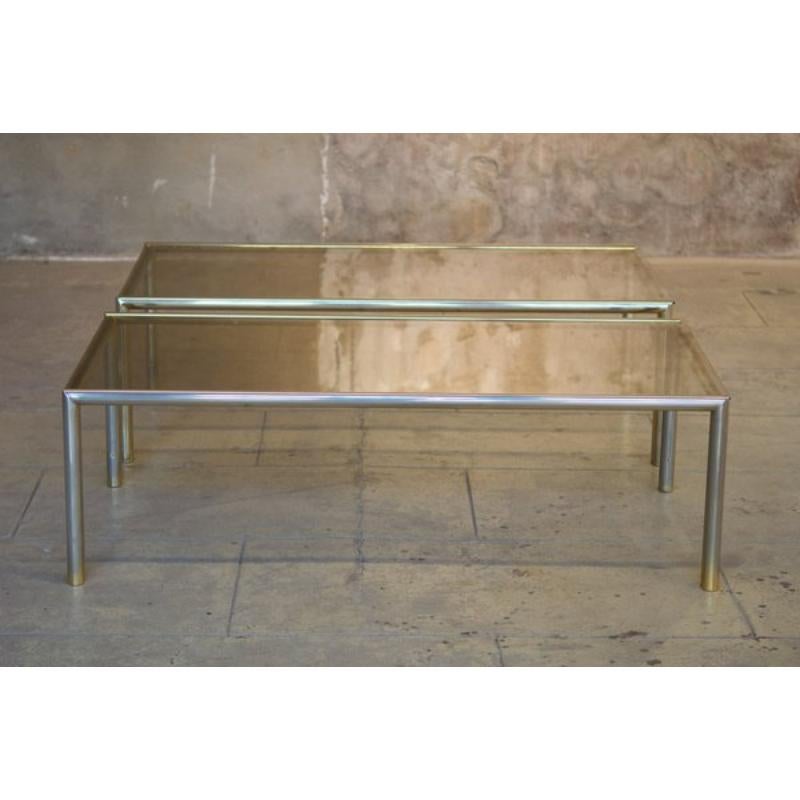Set of 2 Coffee Tables in Aluminum, Brass & Glass, 1970s In Good Condition For Sale In Andrézieux-Bouthéon, FR
