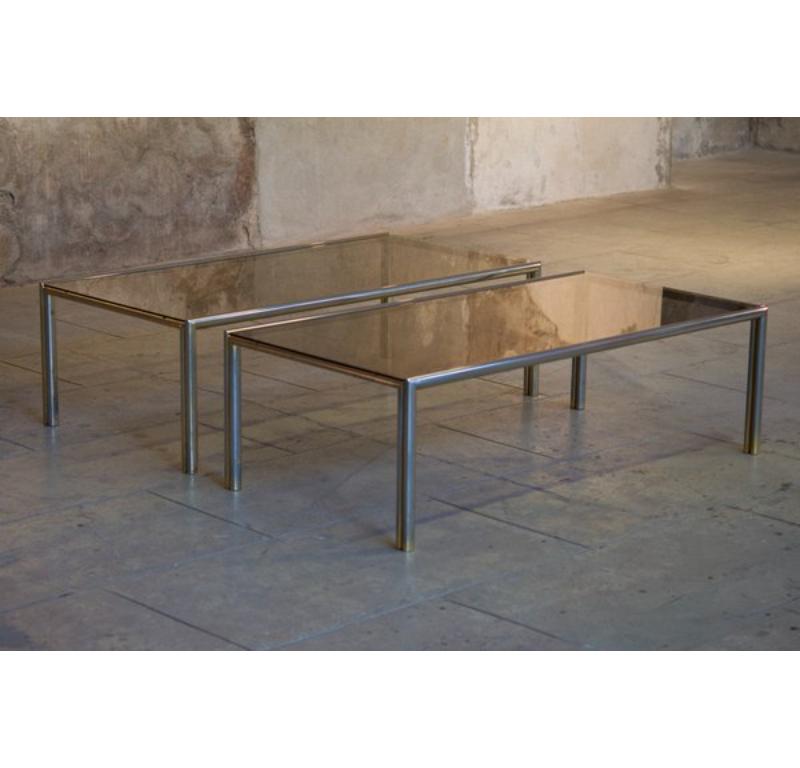 20th Century Set of 2 Coffee Tables in Aluminum, Brass & Glass, 1970s For Sale