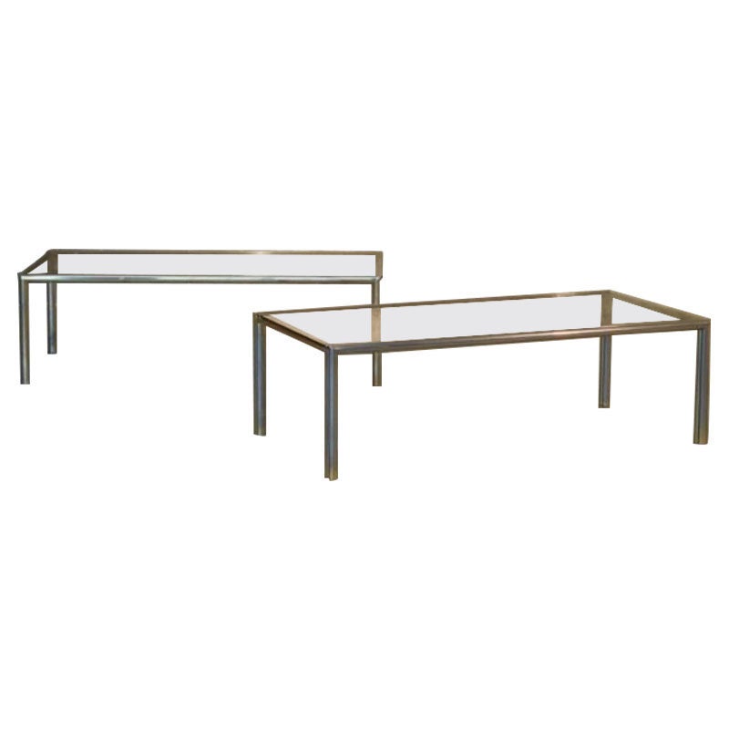Set of 2 Coffee Tables in Aluminum, Brass & Glass, 1970s For Sale