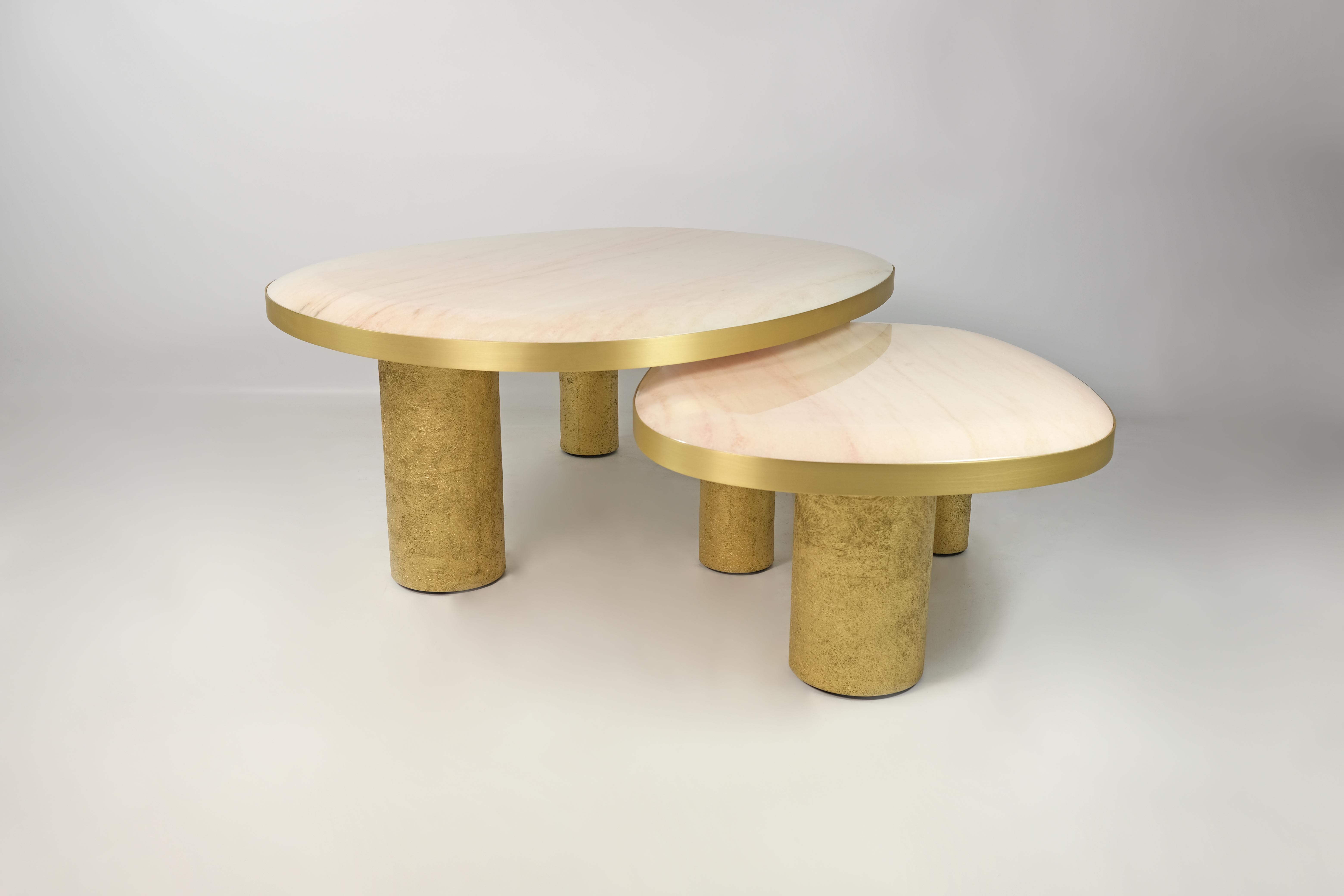L'ensemble de 2 tables basses ovoïdes est composé d'un luxueux plateau en marbre poli. Le marbre Rosa Aurora a une couleur très subtile allant du crème au rose clair avec des veines douces.
Les bords du plateau sont en laiton brossé.
Chaque table a