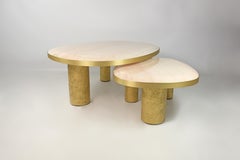 Set of 2 Coffee Tables in Pink and Cream Marble with Brass by Ginger Brown