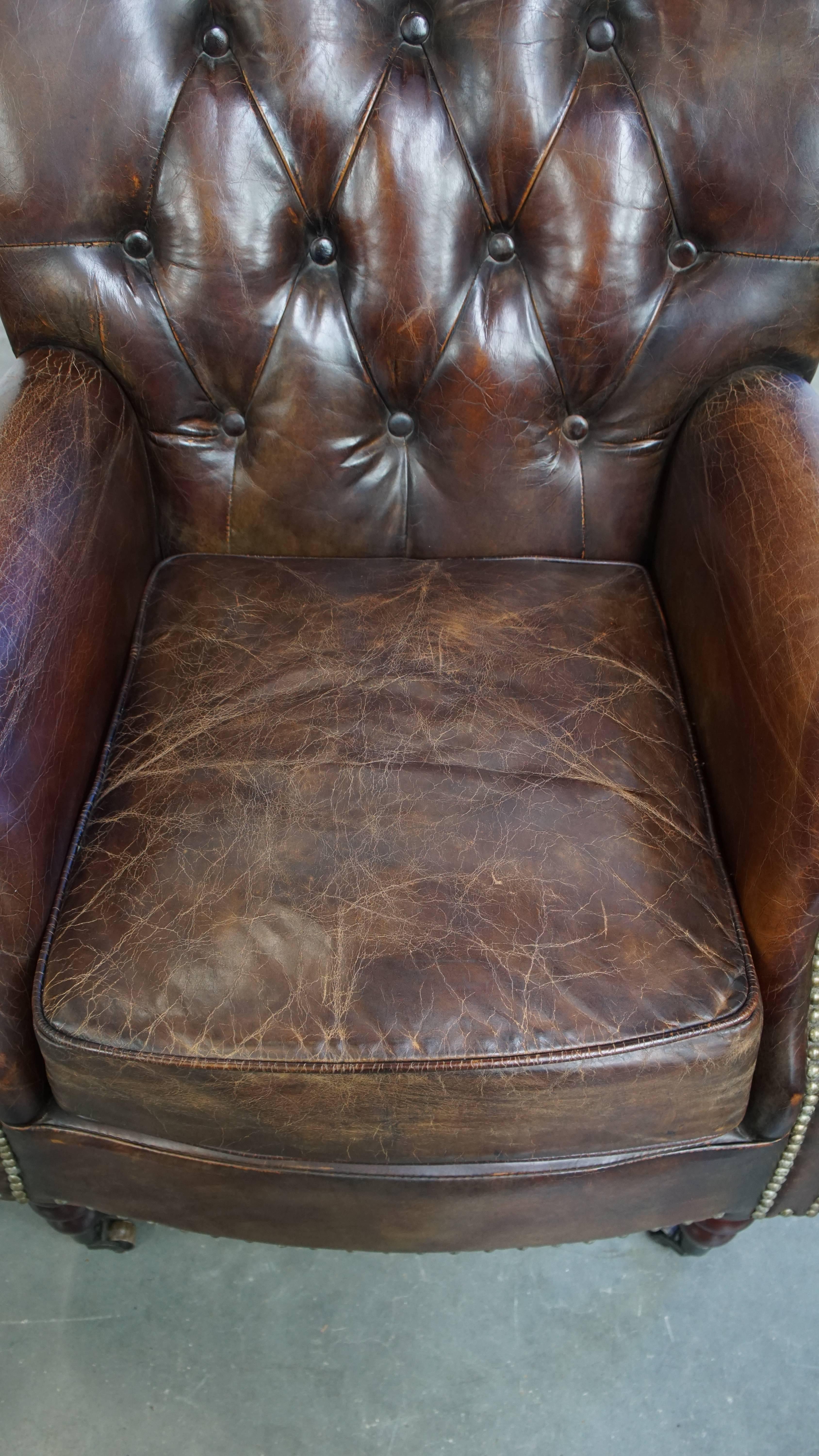 2er-Set Chesterfield-Sessel aus genarbtem Rindsleder in Cognac Brown im Angebot 4