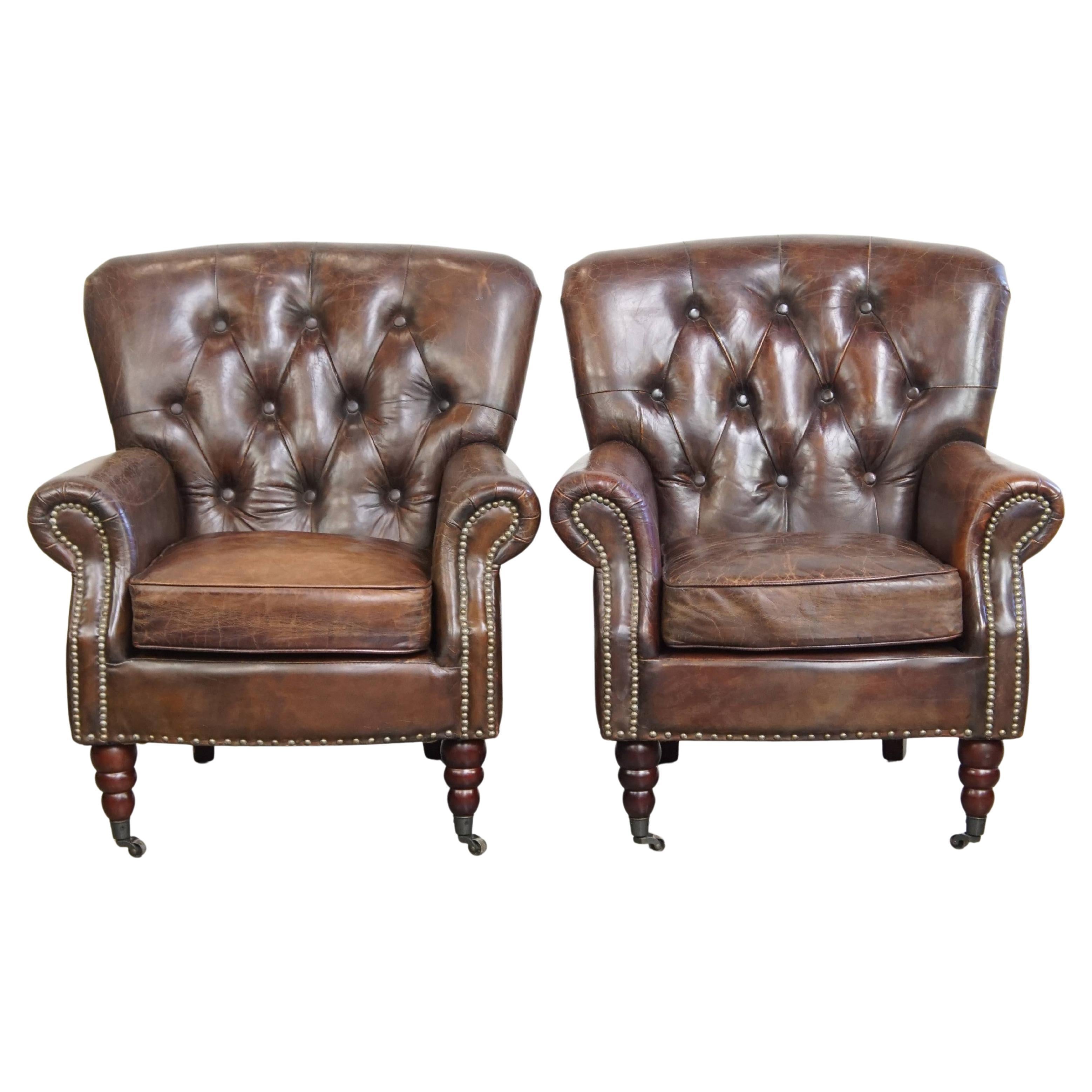 Set of 2 Cognac Brown Grained Cowhide Leather Chesterfield Armchairs